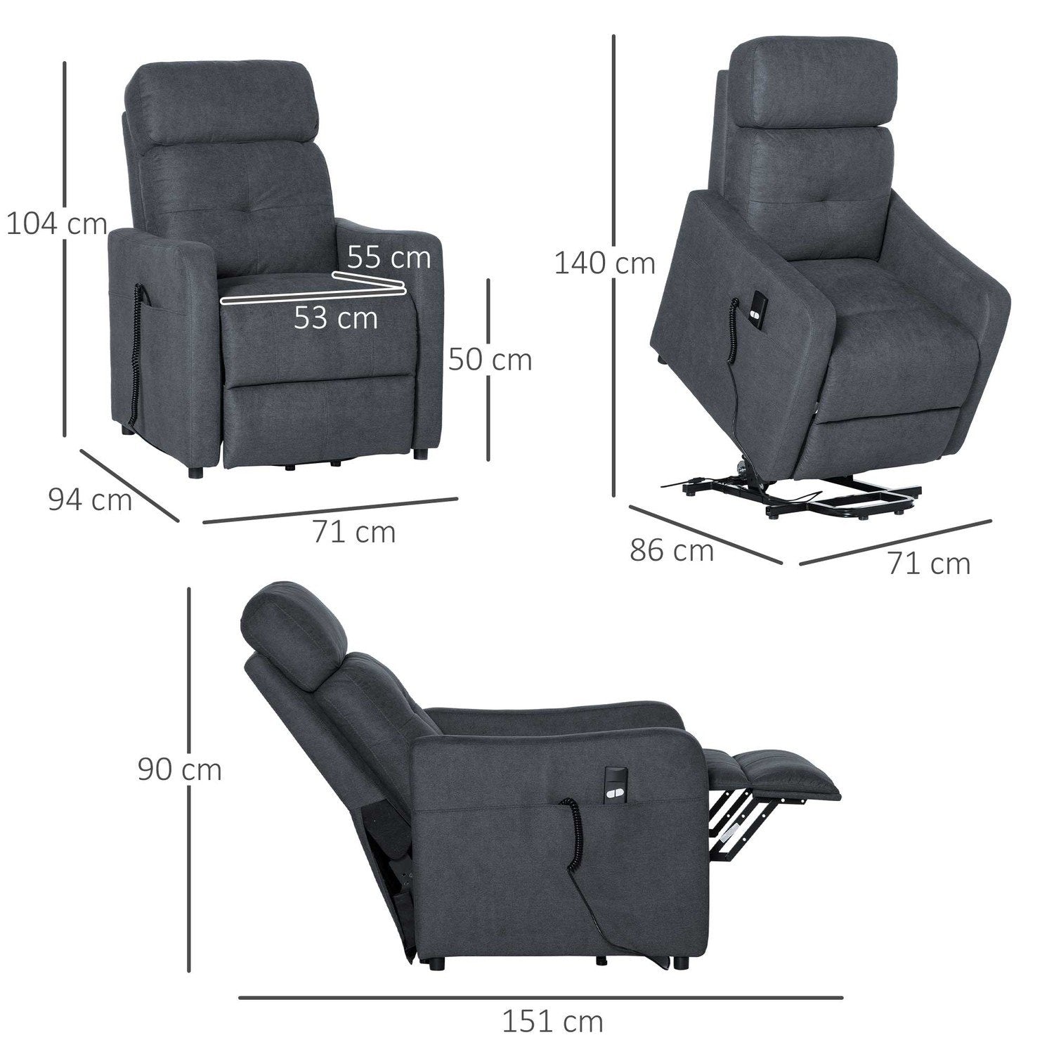 Avslappingsstol TV-stol med liggefunksjon Ståhjelp Polyesterstoff Stålgrå 71 X 94 X 104 Cm