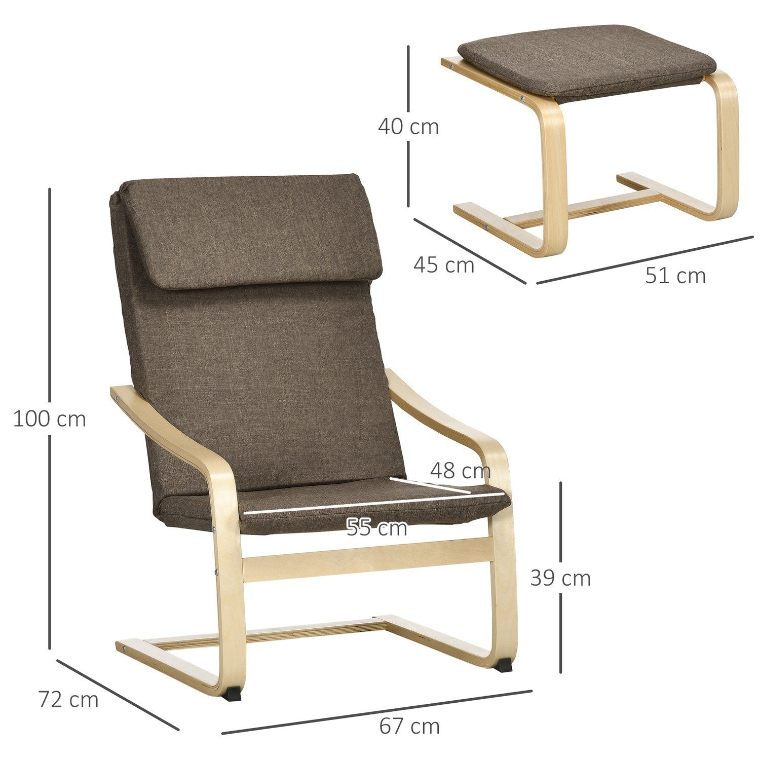 Salongstol med fotskammel, vingestol med krakk, spisestuestol med lintrekk til stue, brun 67 X 72 X 100 Cm