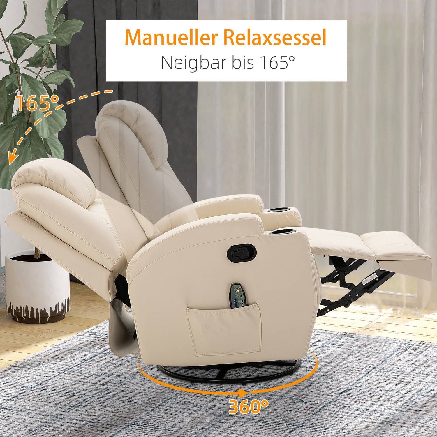 Relaxstol Med Liggfunktion, Elektrisk Massagestol, 5 Massagelägen, Konstläder, Krämvit, 84X92X109Cm