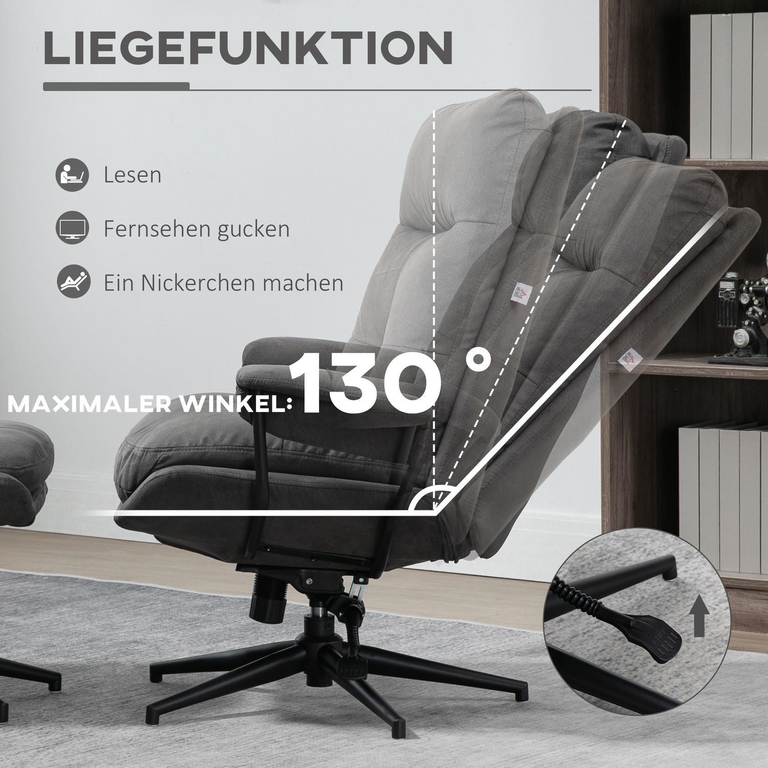 Relax-stol med krakk, TV-stol med dreibar base, TV-stol med hvilefunksjon, lastekapasitet opptil 150 kg, polyester, stål, mørkegrå