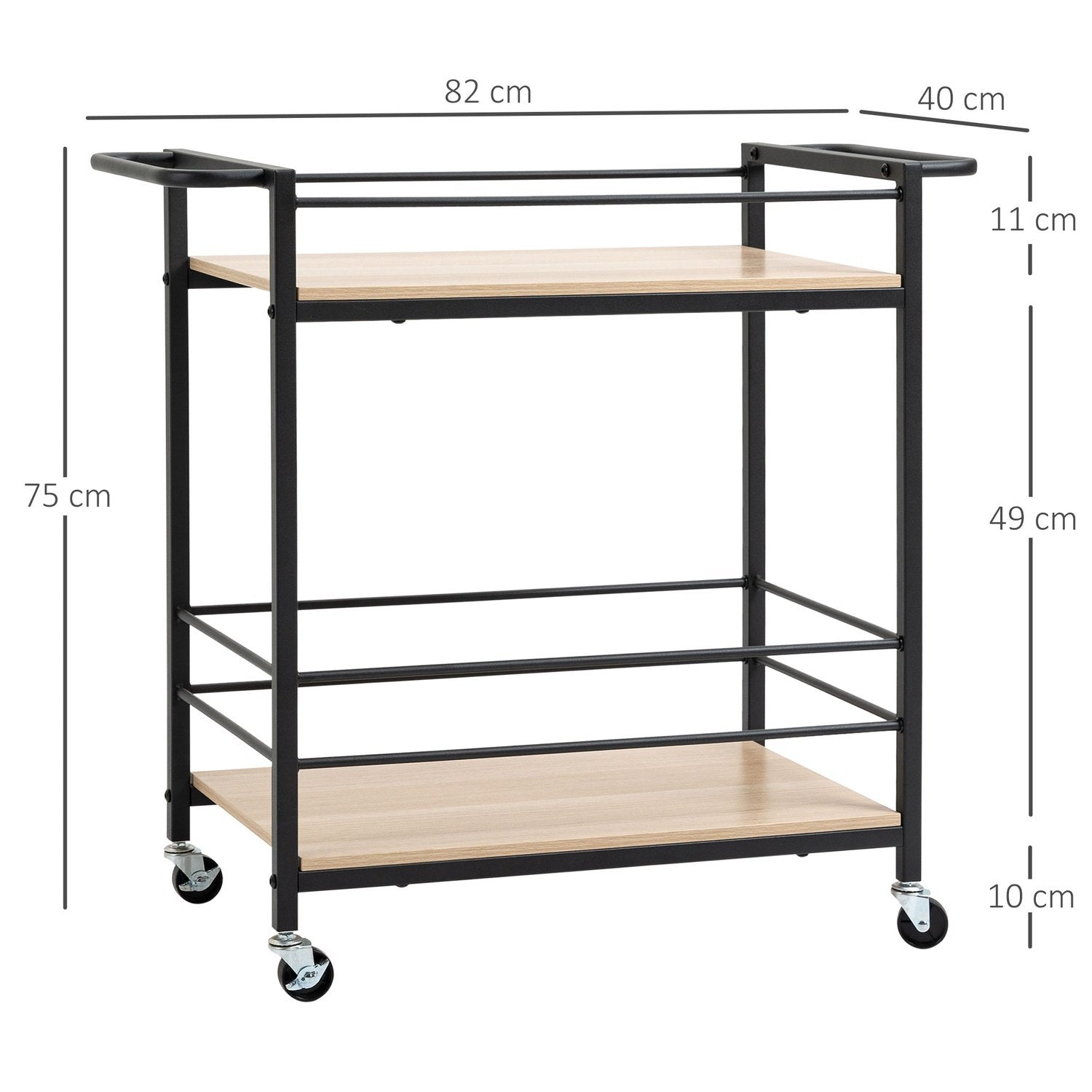 Serveringsvagn Köksvagn Med 2 Nivåer, Handtag, Hjul Med Broms, Skyddsräcken, Lastkapacitet 60 Kg, 82X40X75 Cm