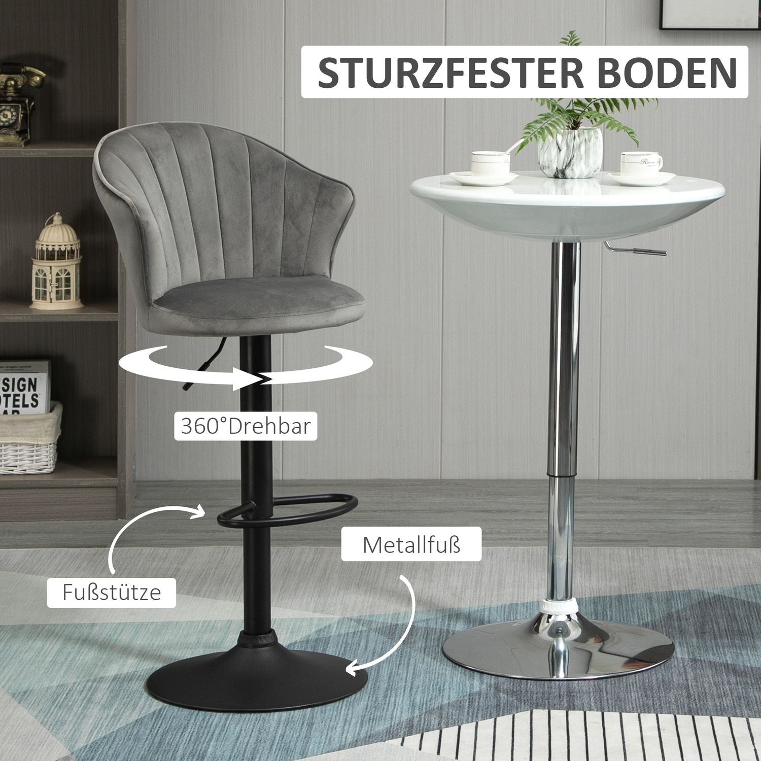 Sett med 2 barkrakker Svingbare barkrakker med ryggstøtte Velvet Touch Høydejusterbar armløs skum Grå 51,5X 57,5 ​​X 93-114,5 Cm