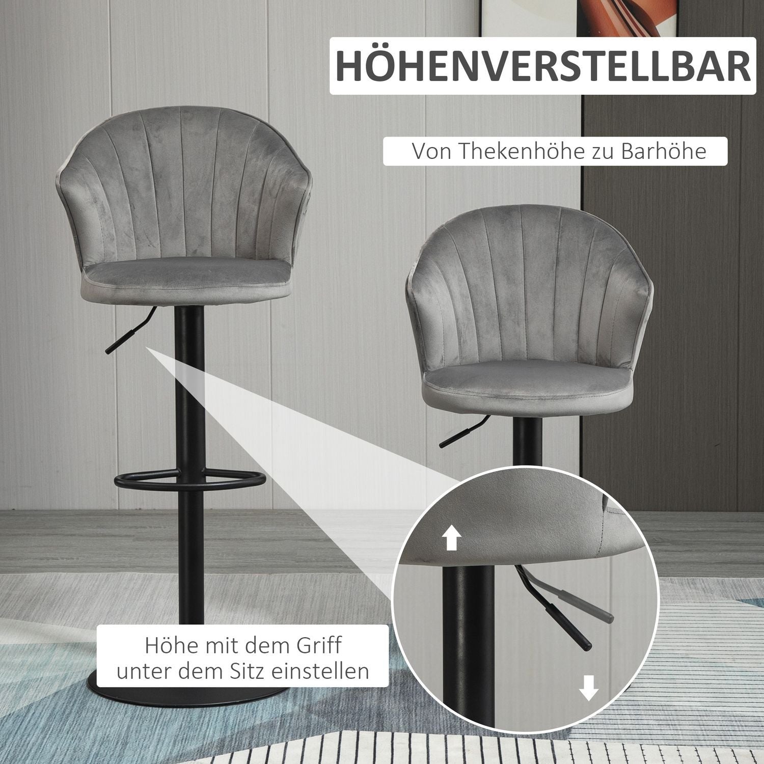 Sett med 2 barkrakker Svingbare barkrakker med ryggstøtte Velvet Touch Høydejusterbar armløs skum Grå 51,5X 57,5 ​​X 93-114,5 Cm