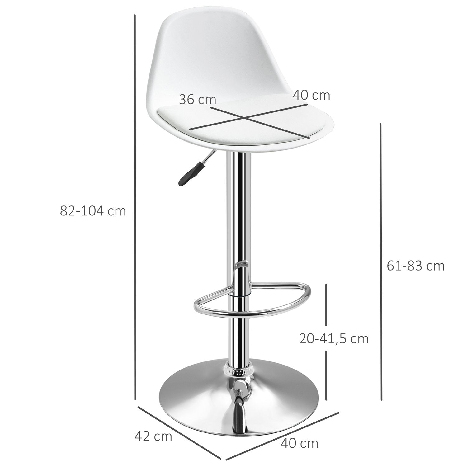 Sett med 2 barkrakker Svingbare krakker med ryggstøtte Moderne design Høydejusterbar for bardisk Hvitt kunstskinnstål Opp til 120 kg 40X42X82-104 Cm