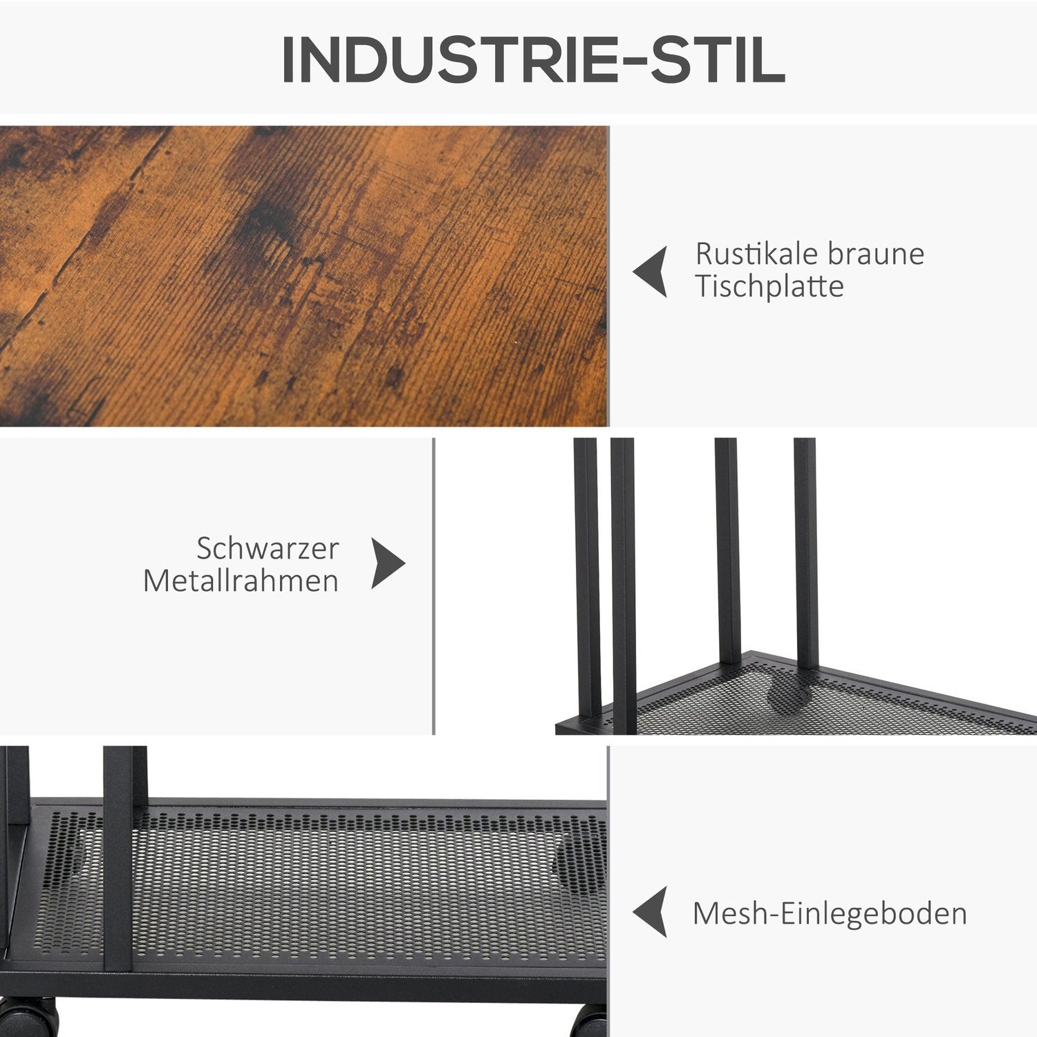 Sidobord C-Formad Rullbar Vagn, Serveringsvagn, Sidobord, Trä + Metall, Svart + Valnöt, 51X36X65 Cm