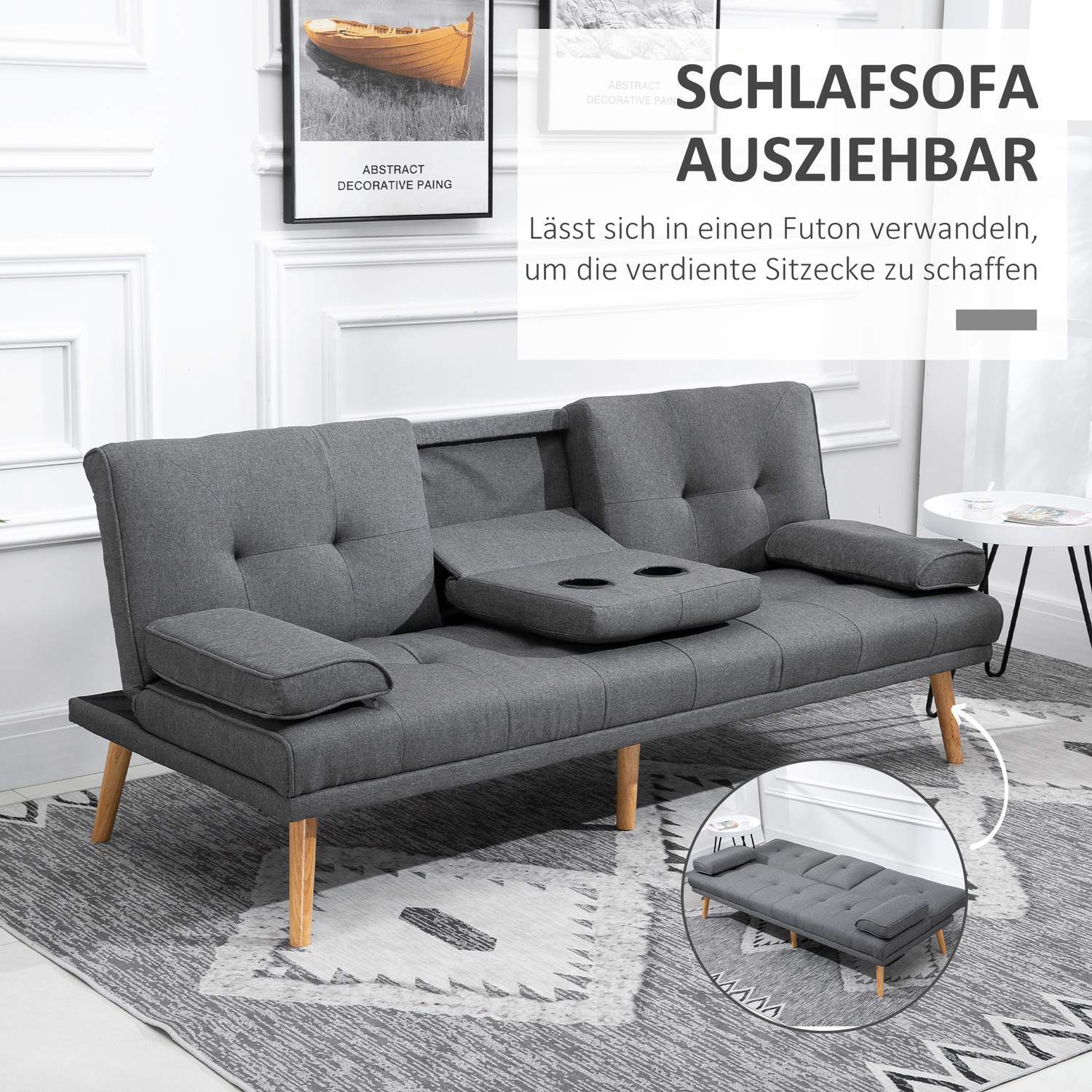 Sovesofa 3-seters sovesofa med sammenleggbar bord, koppholder, Scandi Design, Mørkegrå, Opptil 250 kg