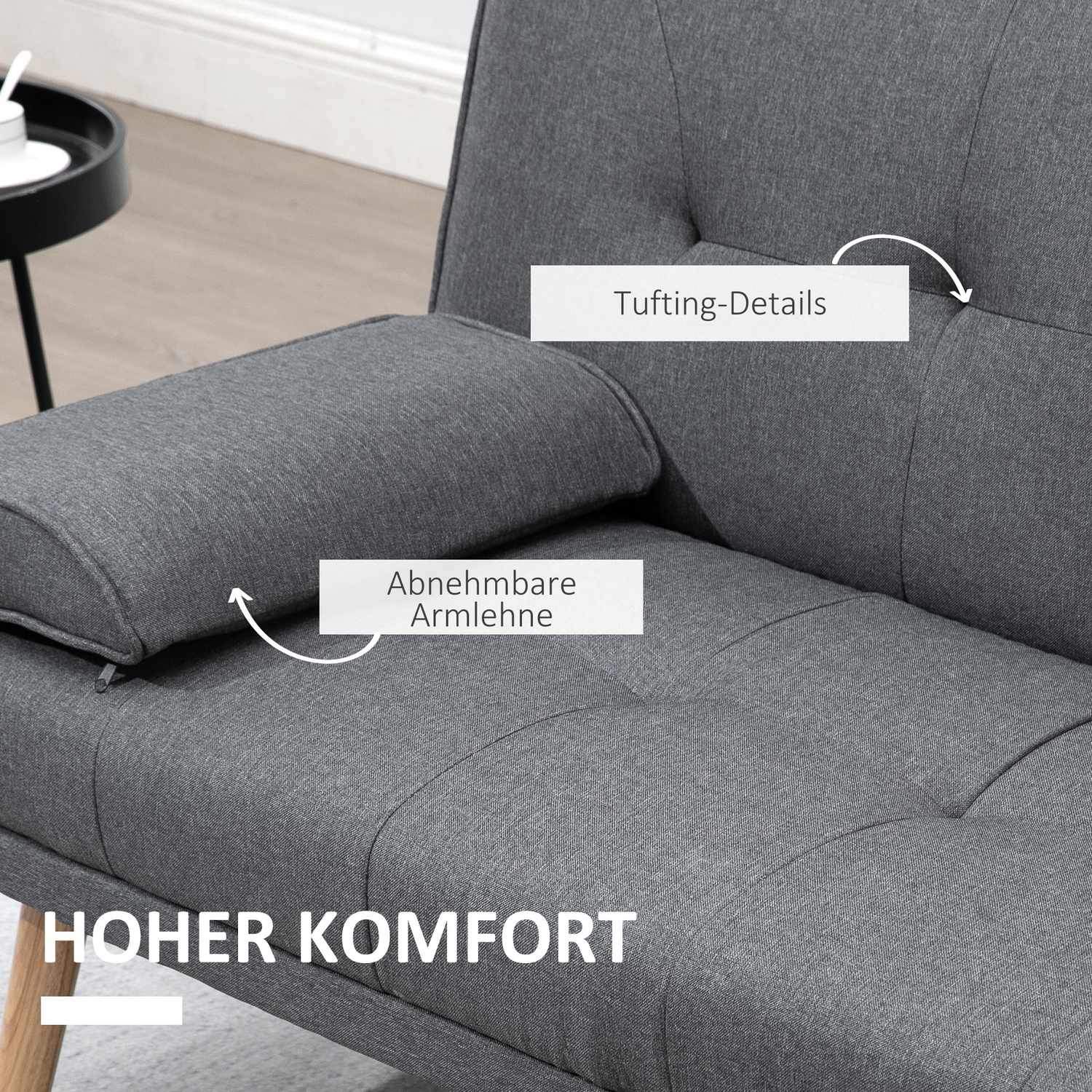 Sovesofa 3-seters sovesofa med sammenleggbar bord, koppholder, Scandi Design, Mørkegrå, Opptil 250 kg