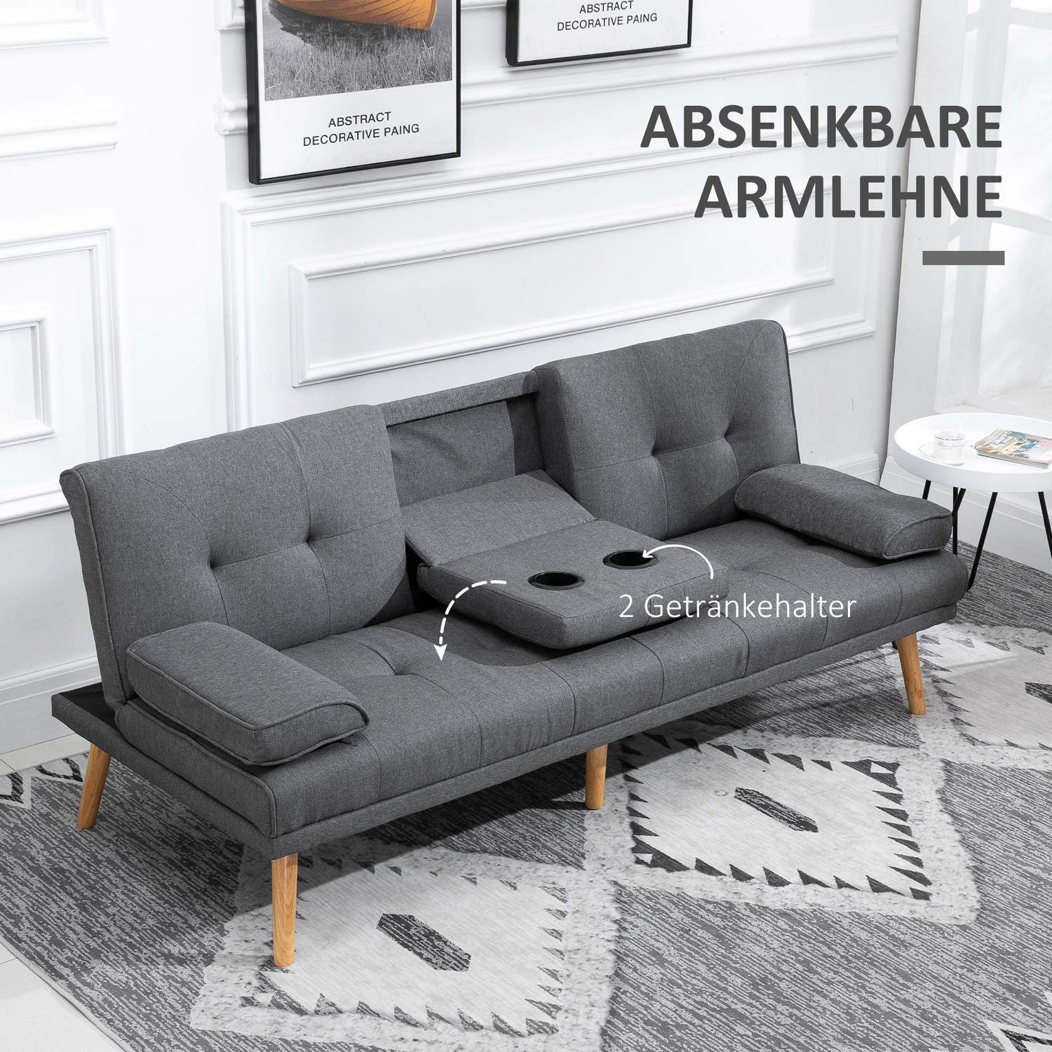 Sovesofa 3-seters sovesofa med sammenleggbar bord, koppholder, Scandi Design, Mørkegrå, Opptil 250 kg