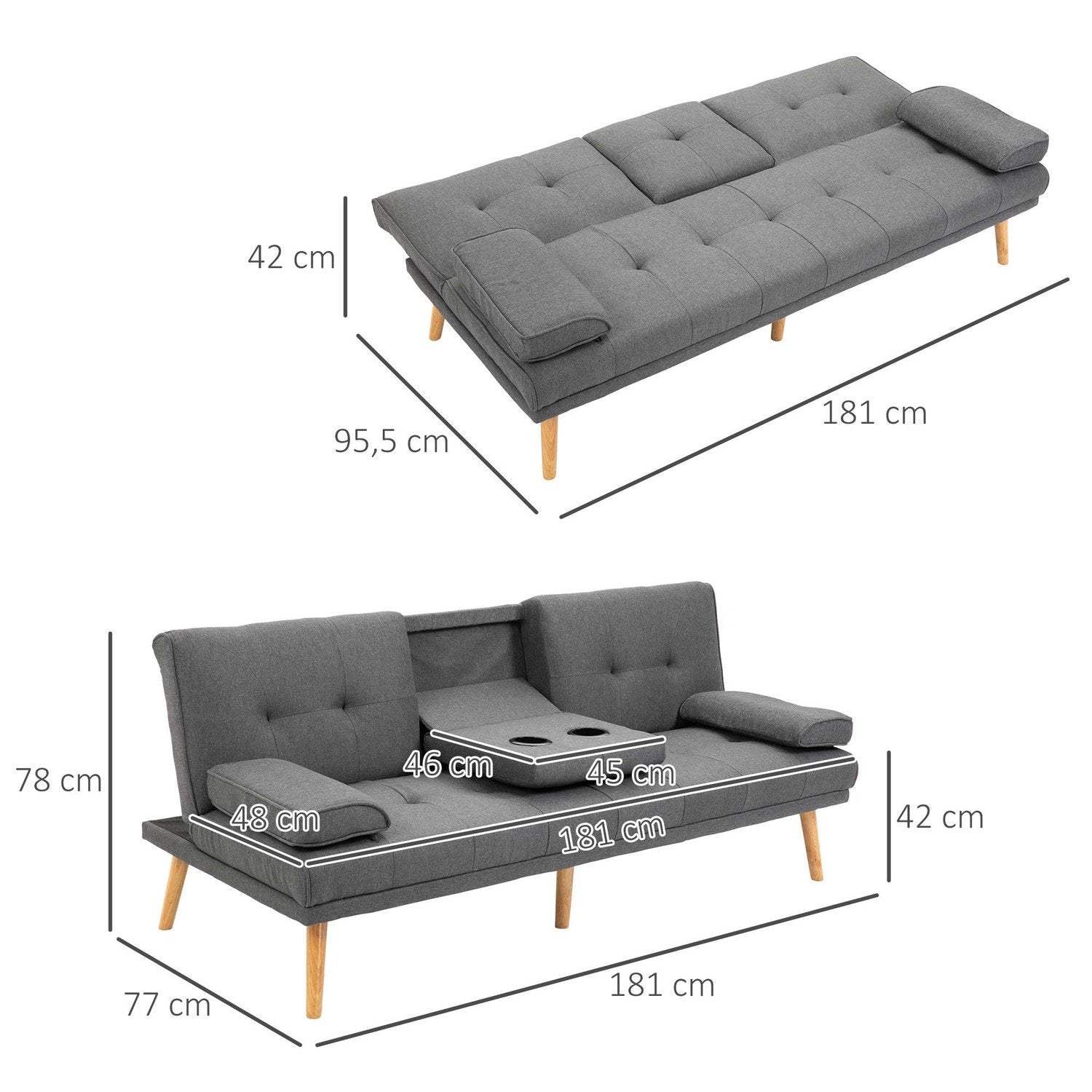 Sovesofa 3-seters sovesofa med sammenleggbar bord, koppholder, Scandi Design, Mørkegrå, Opptil 250 kg