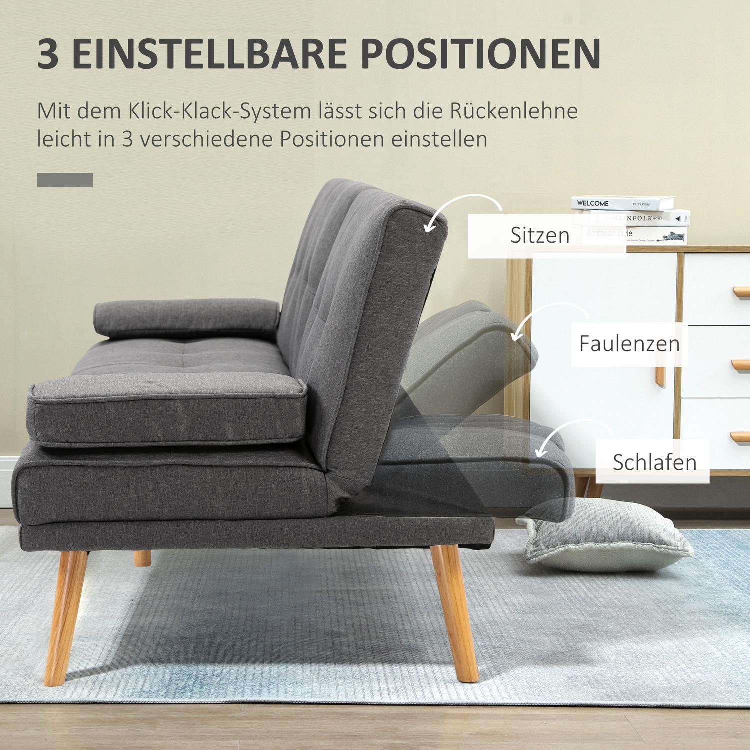 Sovesofa 3-seters sovesofa med sammenleggbar bord, koppholder, Scandi Design, Mørkegrå, Opptil 250 kg