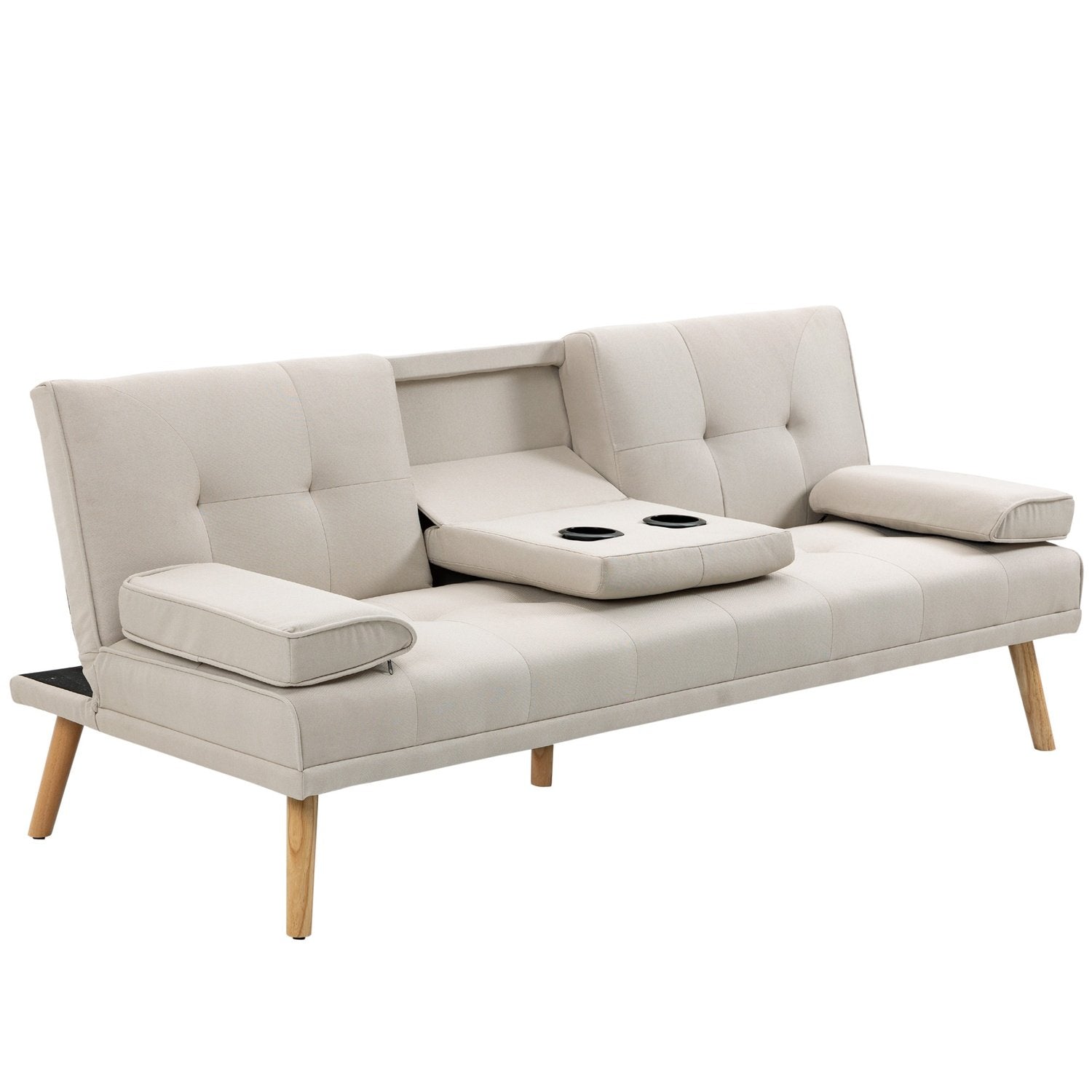 Sovesofa, 3-seters sofa, sovesofa med sammenleggbar bord, stoffsofa med linlook, i skandinavisk design, bæreevne opptil 250 kg