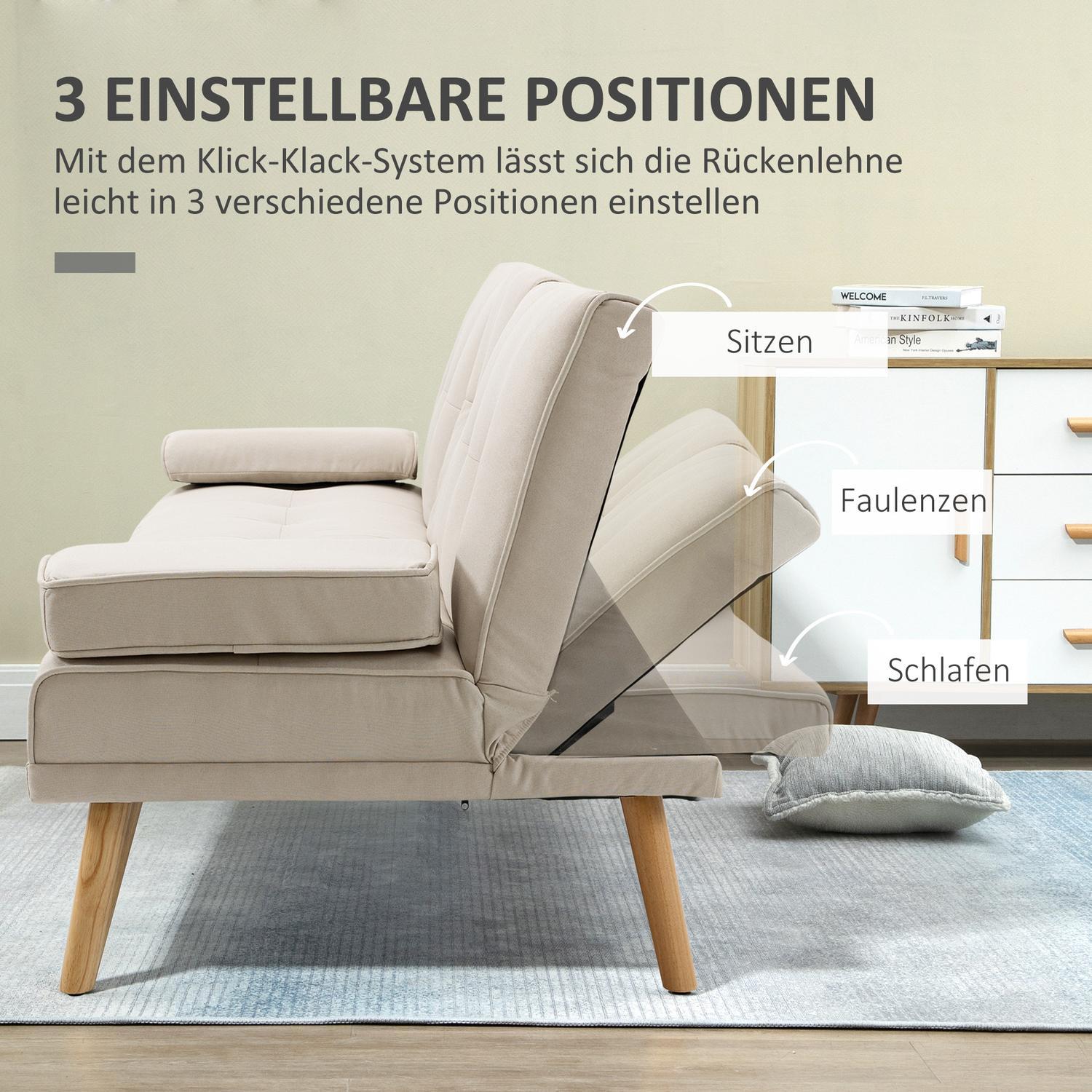 Bäddsoffa, 3-Sits Soffa, Bäddsoffa Med Hopfällbart Bord, Tygsoffa Med Linnelook, I Skandinavisk Design, Lastkapacitet Upp Till 250 Kg