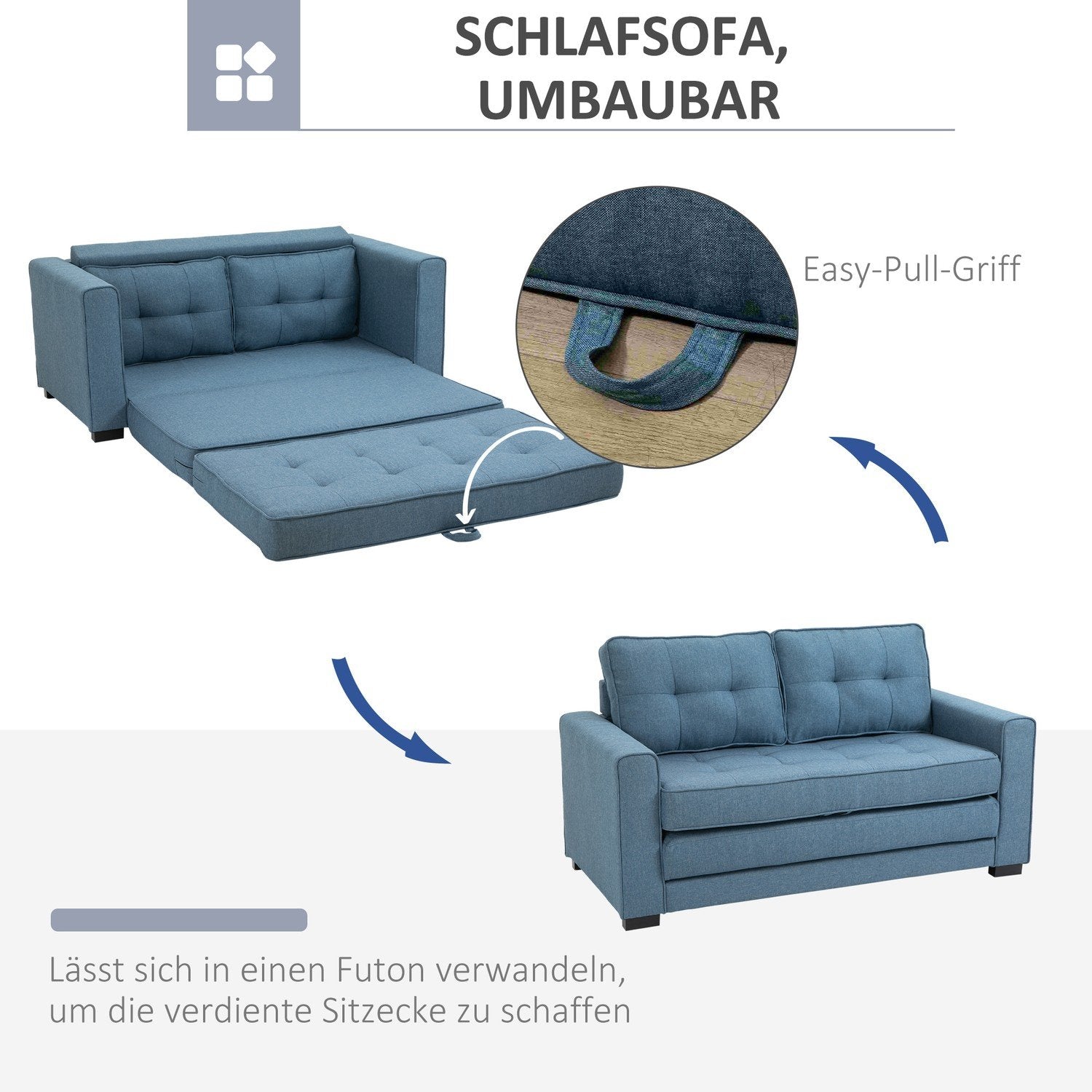 Sovesofa Sammenleggbar sofa 2-seters sovesofa i stoff med sovefunksjon Sofasett Lin Touch Gummi Tre Blå 147,5 X 75 X 85 Cm