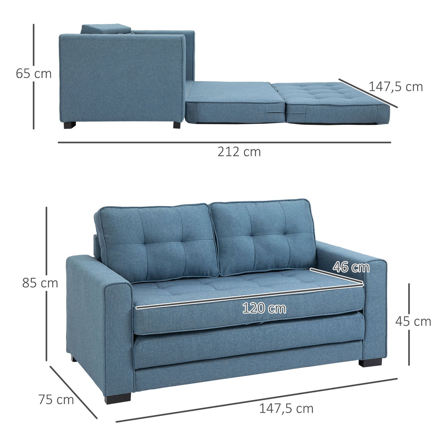 Sovesofa Sammenleggbar sofa 2-seters sovesofa i stoff med sovefunksjon Sofasett Lin Touch Gummi Tre Blå 147,5 X 75 X 85 Cm