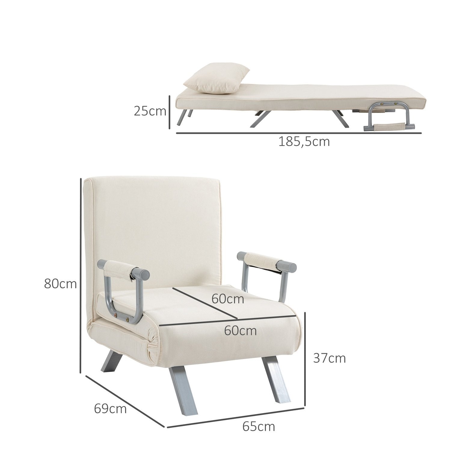 Sovesofa med armlener 3-i-1 Sovesofa Gjesteseng Sammenleggbar madrass Sammenleggbar sjeselong Multifunksjonell Polyesterkrem 65 X 69 X 80 Cm