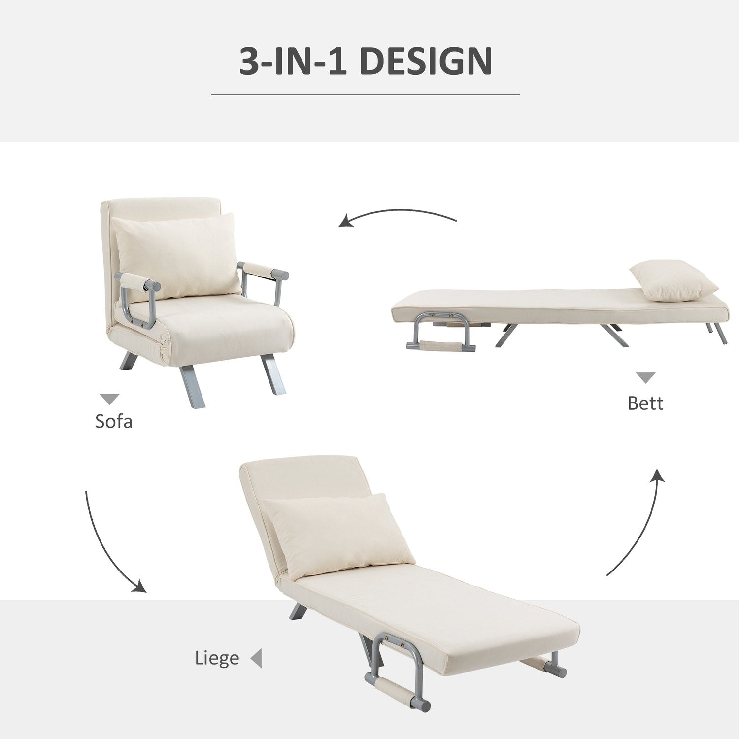 Sovesofa med armlener 3-i-1 Sovesofa Gjesteseng Sammenleggbar madrass Sammenleggbar sjeselong Multifunksjonell Polyesterkrem 65 X 69 X 80 Cm