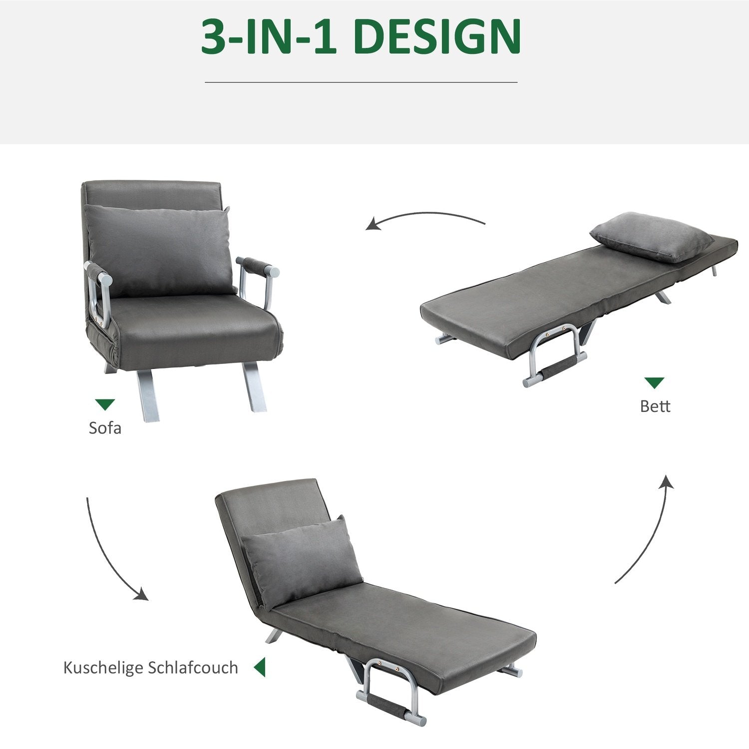 Bäddsoffa Med Armstöd 65X69X80Cm 3-I-1 Bäddsoffa, Gästsäng, Hopfällbar Madrass, Schäslong, Konstläder, Grå