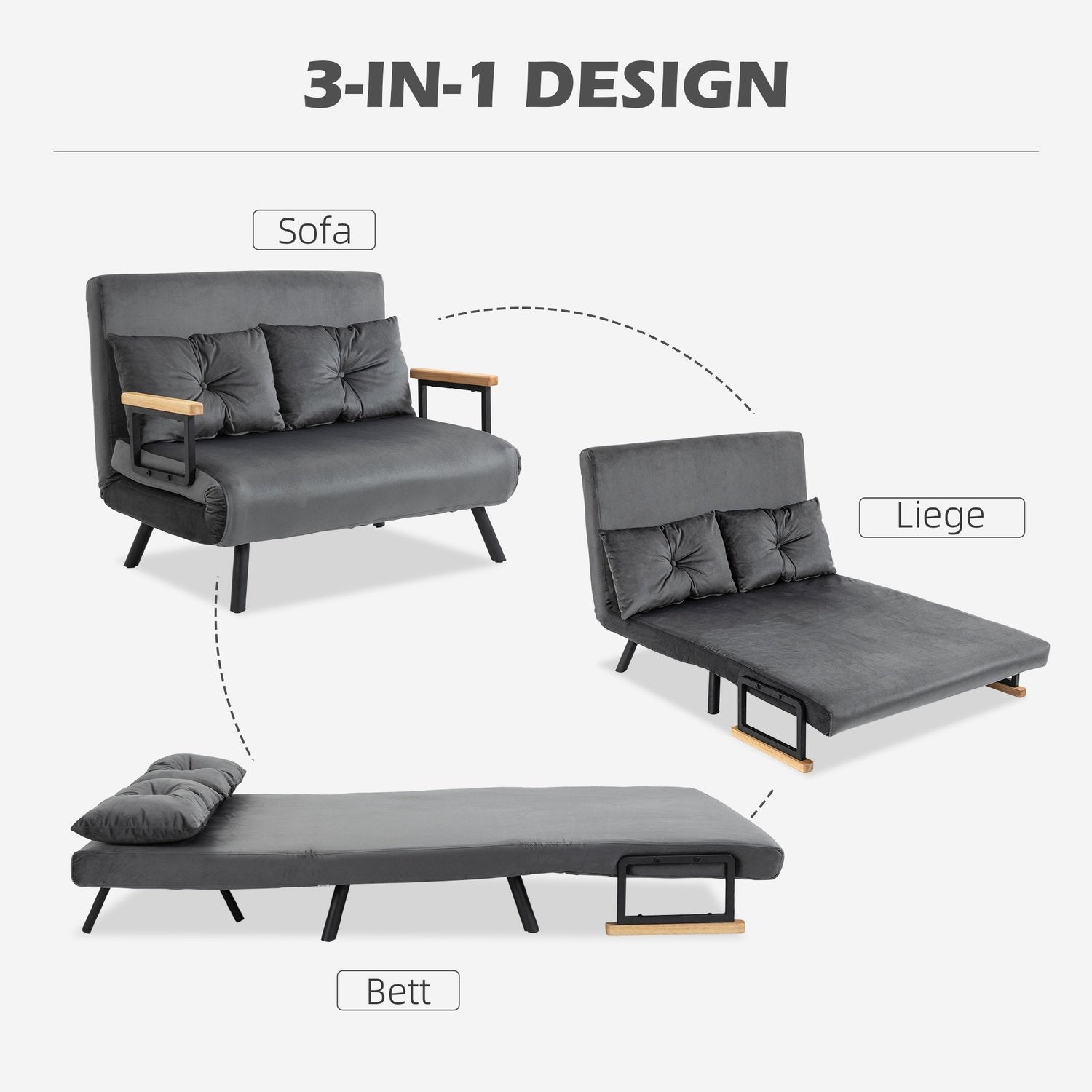 Sovesofa med sengeboks, sofa med sovefunksjon, sovesofa med fløyelslook, ryggpute, mørkegrå, 102 X 73 X 81 Cm