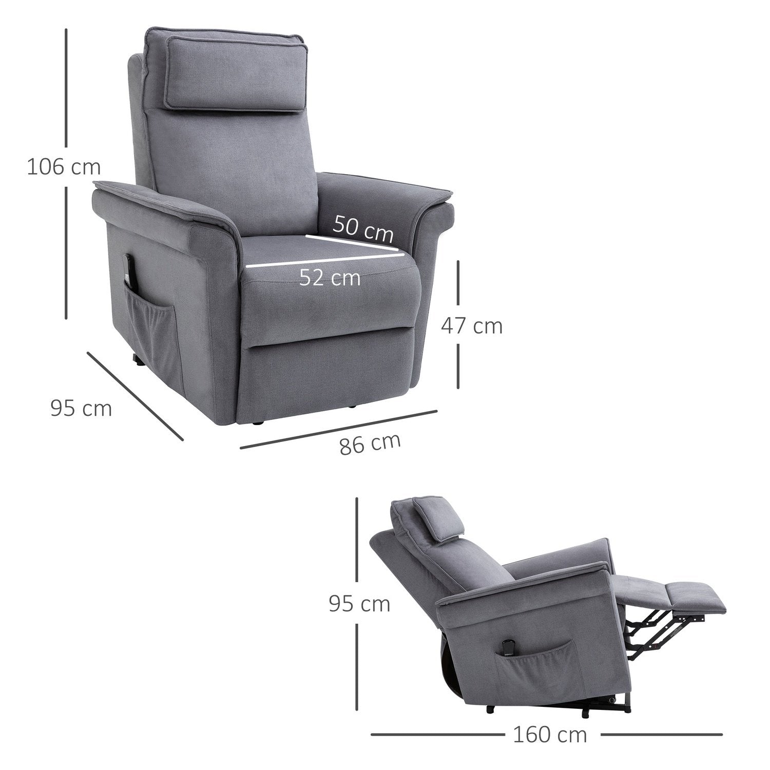 Ståstol Tv-Stol Med Elektrisk Ståhjälp, Liggfunktion, Linnetouch, Stål, Grå, 86 X 95 X 106 Cm