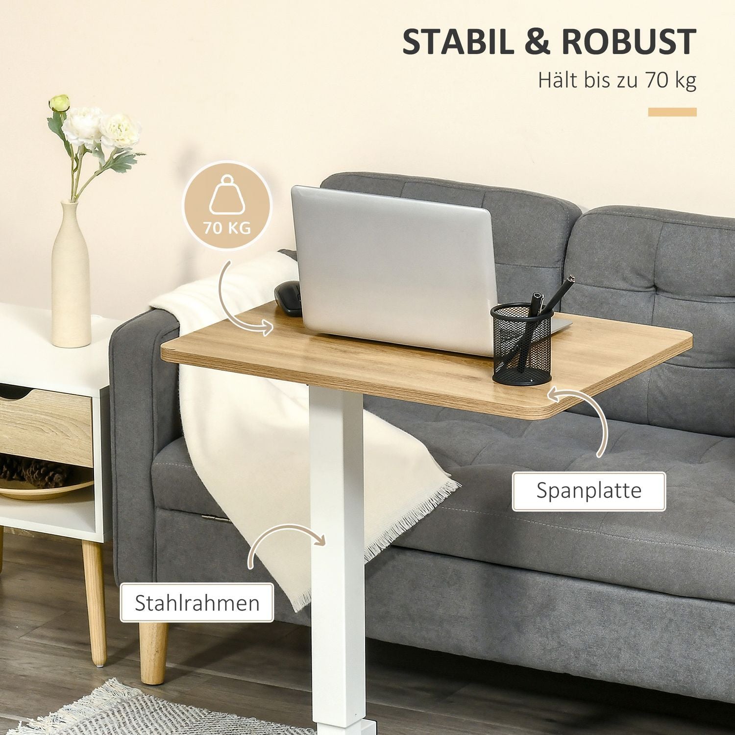 Ståbord Höj- Och Sänkbart Med Hjul, C-Format, Platsbesparande, Laptopbord, Natur + Vit, 70-110 Cm, Upp Till 70 Kg