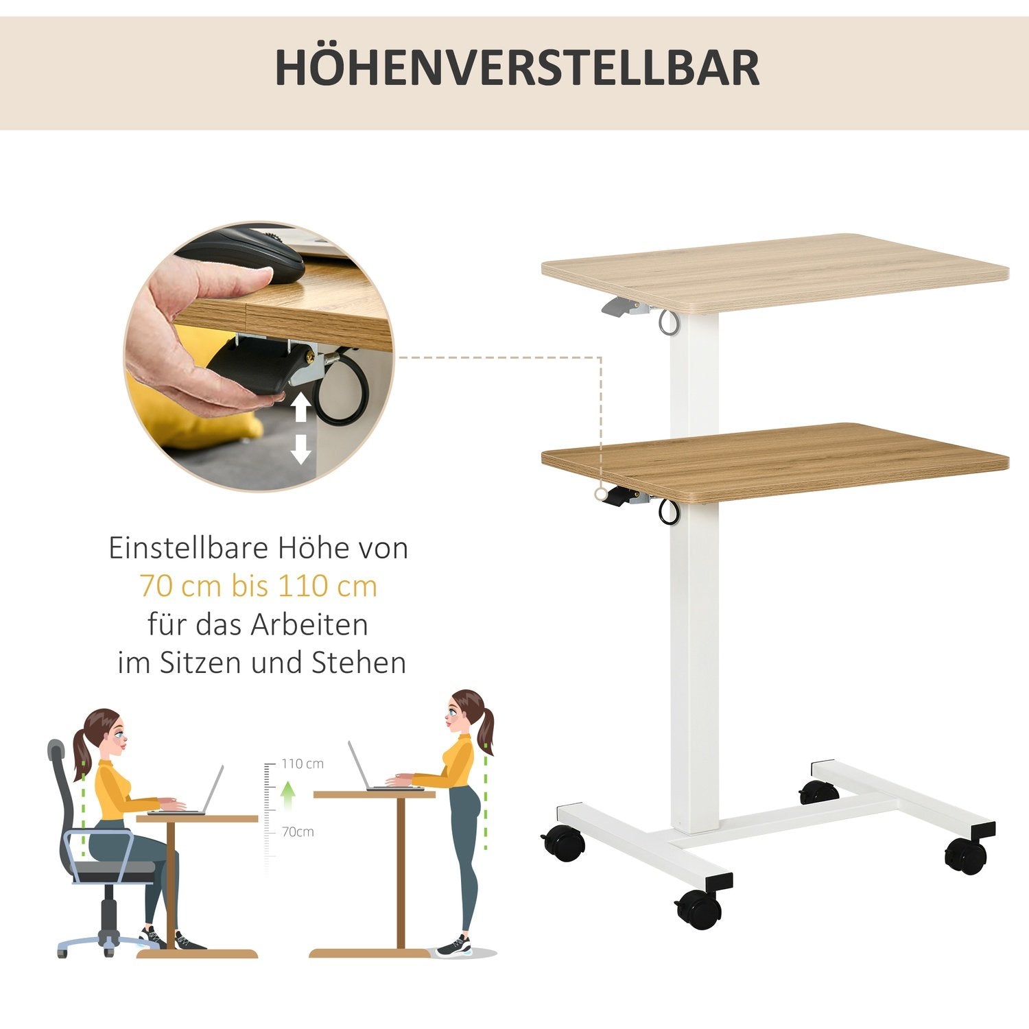 Ståbord Höj- Och Sänkbart Med Hjul, C-Format, Platsbesparande, Laptopbord, Natur + Vit, 70-110 Cm, Upp Till 70 Kg