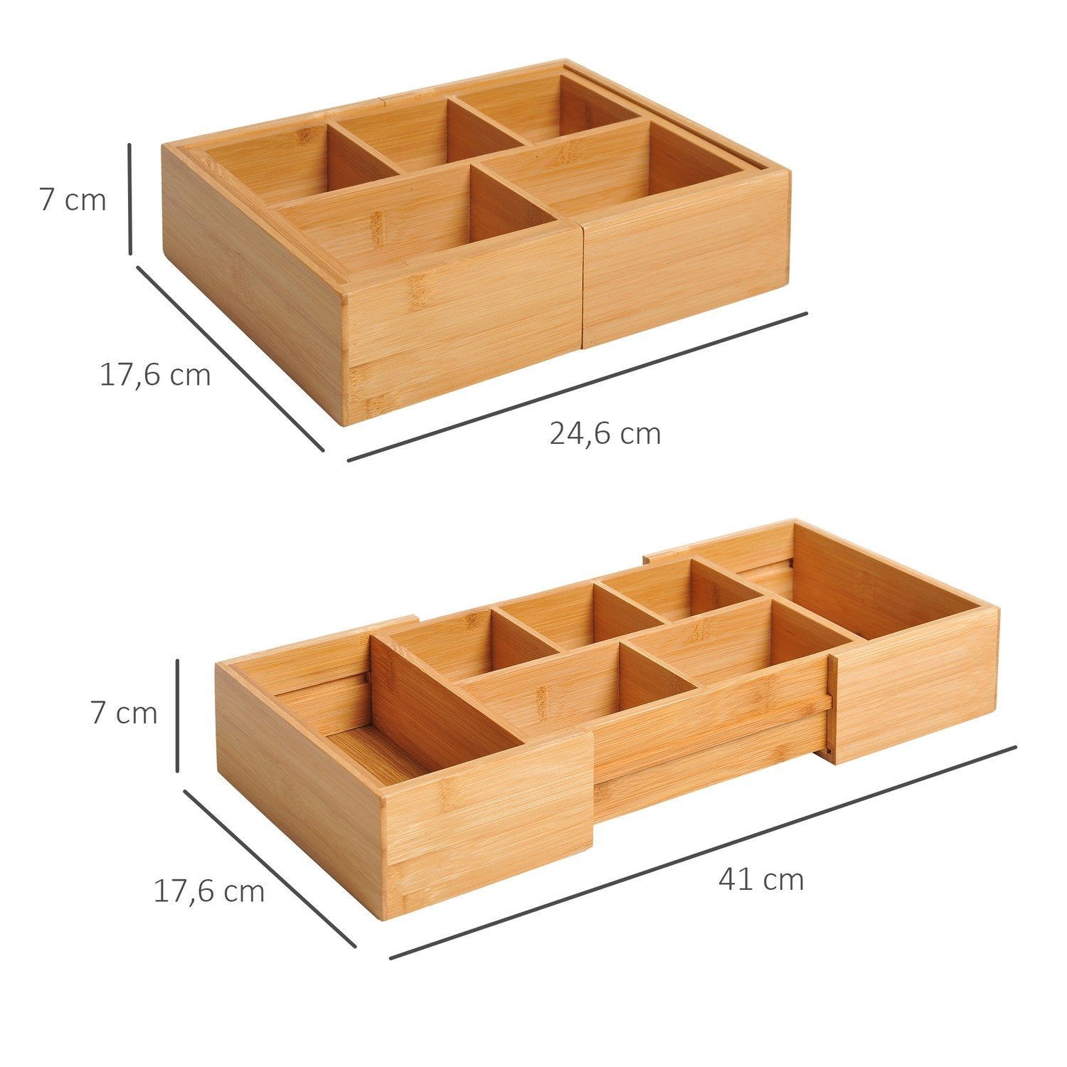 Oppbevaringsboks, skufforganisering, uttrekkbar organisering, bambus, naturlig, 24,6 x 17,6 x 7 cm