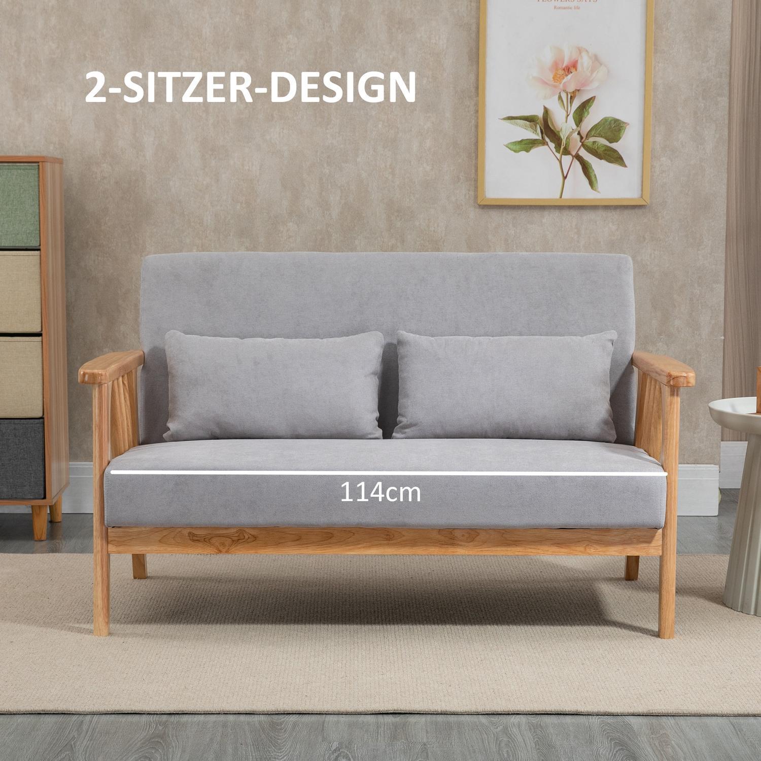 To-seters sofa, dobbel sofa med armlen, Loveseat med fløyelslook, pute, polstret sofa, lastekapasitet opptil 200 kg, grå, 130 x 75 x 78 cm