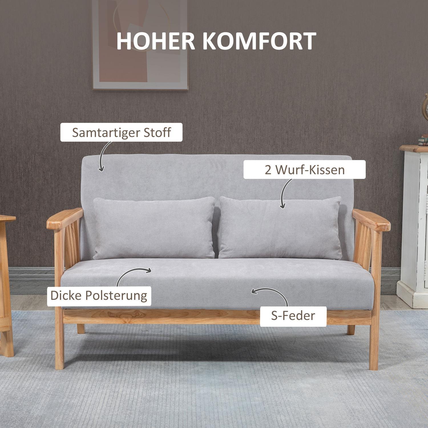 To-seters sofa, dobbel sofa med armlen, Loveseat med fløyelslook, pute, polstret sofa, lastekapasitet opptil 200 kg, grå, 130 x 75 x 78 cm