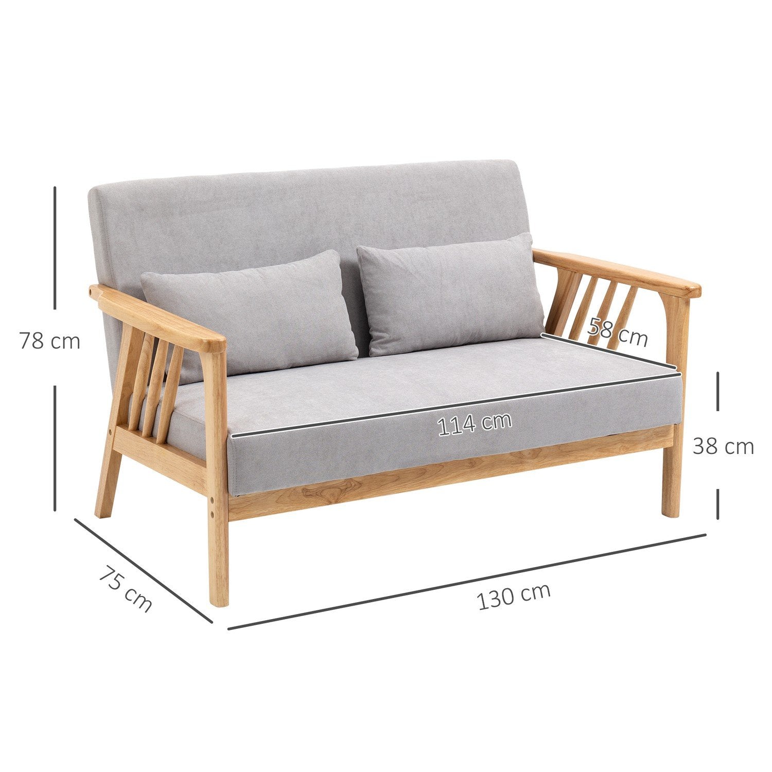 To-seters sofa, dobbel sofa med armlen, Loveseat med fløyelslook, pute, polstret sofa, lastekapasitet opptil 200 kg, grå, 130 x 75 x 78 cm