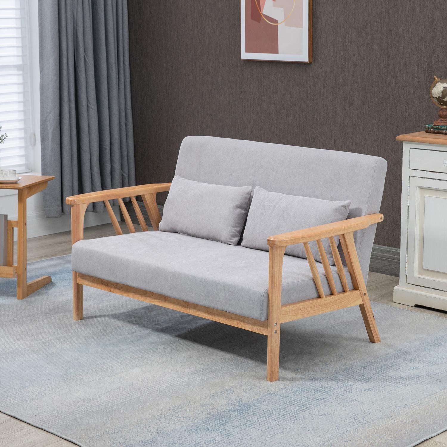 To-seters sofa, dobbel sofa med armlen, Loveseat med fløyelslook, pute, polstret sofa, lastekapasitet opptil 200 kg, grå, 130 x 75 x 78 cm