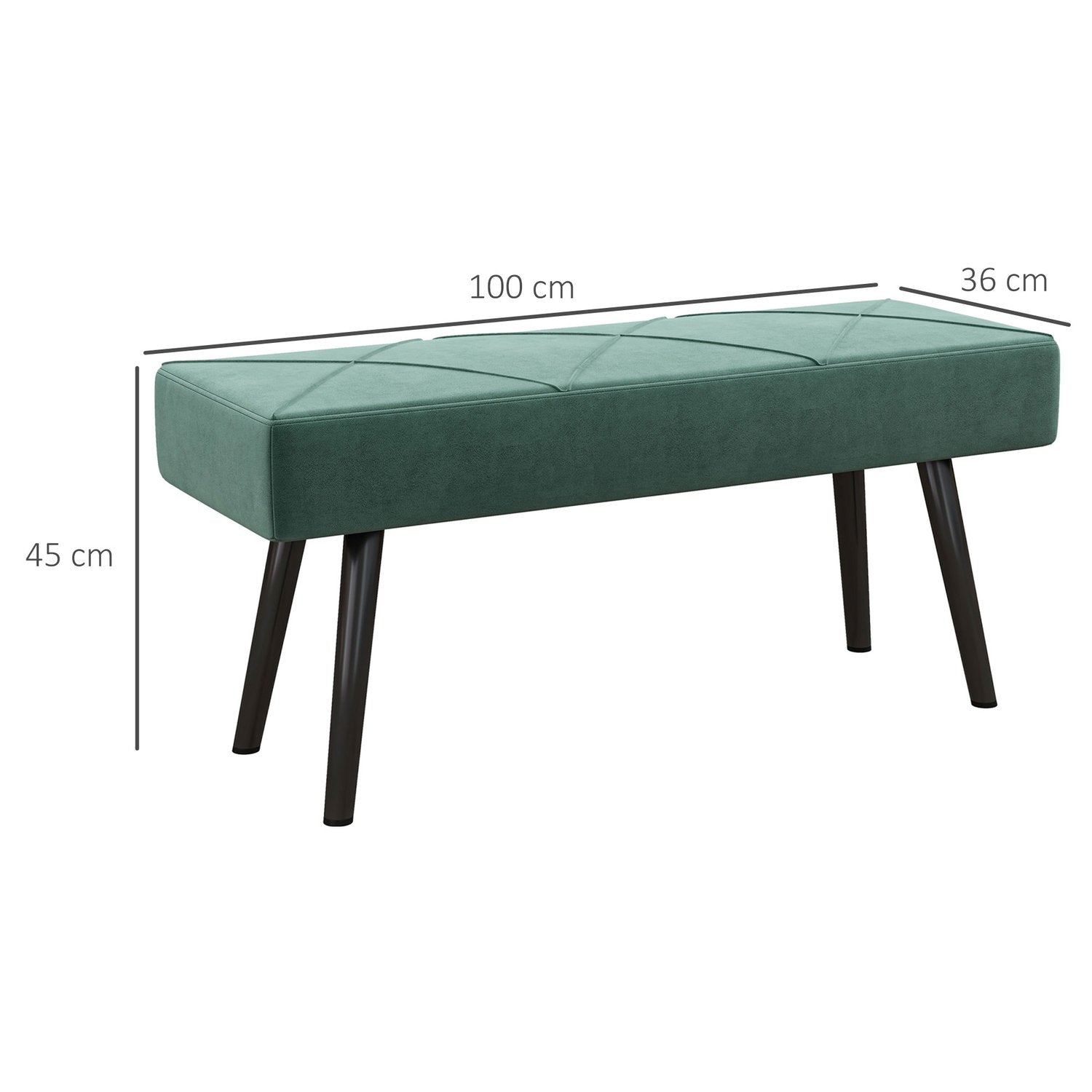 Polstret benk i fløyelslook, sengebenk, hall med X-mønster, opptil 120 kg, for soverom, 100x36x45 cm, grønn