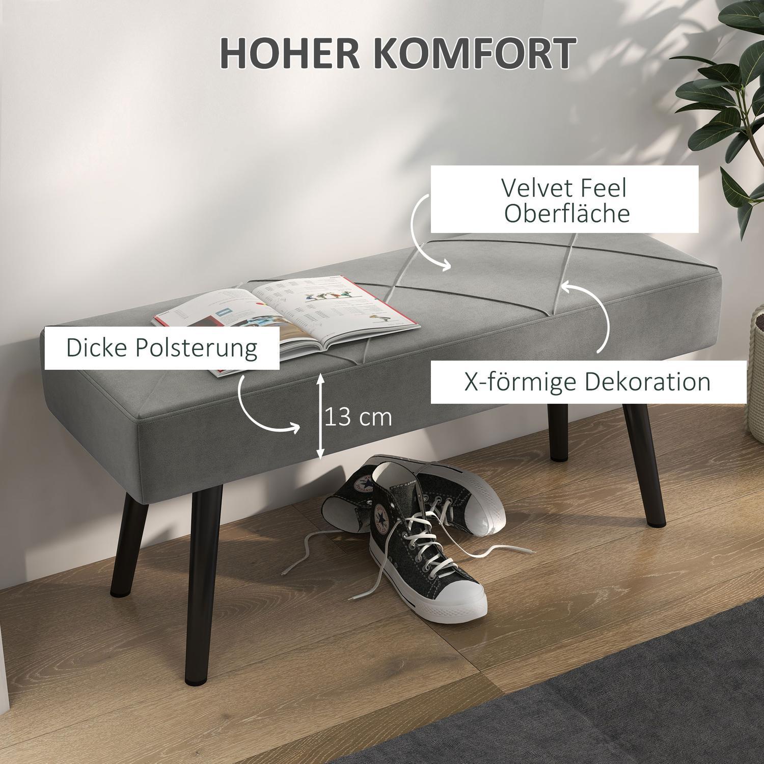 Polstret benk i fløyelslook, sengebenk, korridorbenk med X-mønster, opptil 120 kg, for soverom, 100X36X45 cm, grå