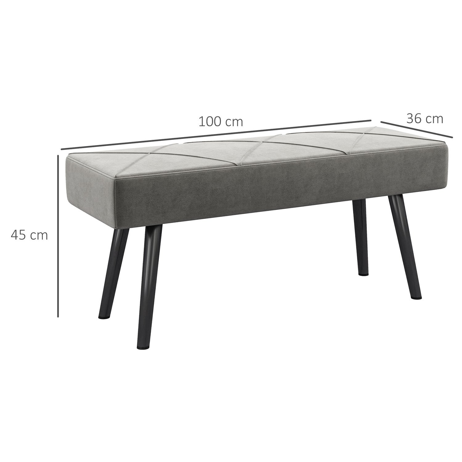 Polstret benk i fløyelslook, sengebenk, korridorbenk med X-mønster, opptil 120 kg, for soverom, 100X36X45 cm, grå