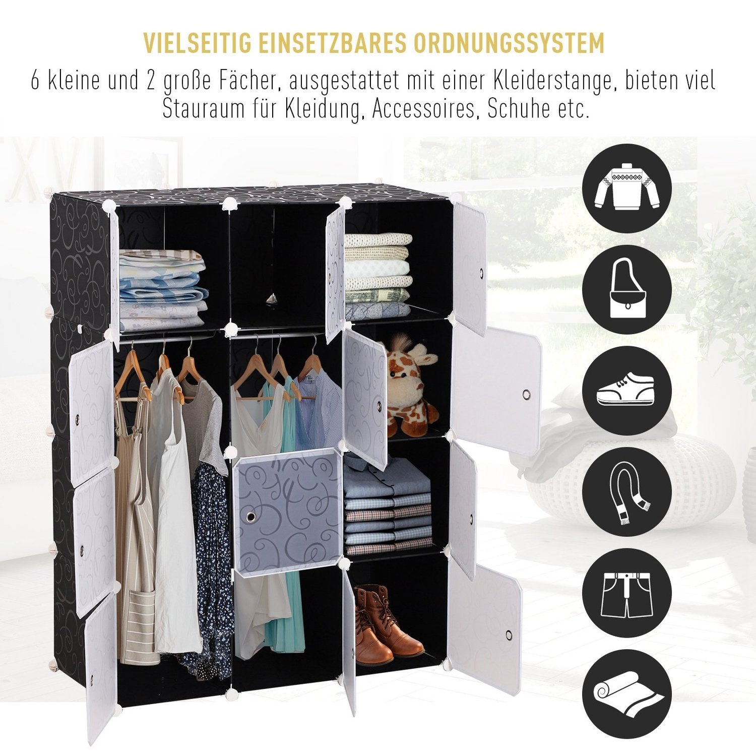 Garderobe gjør-det-selv-garderobe Hyllesystem Plug-in-hylle, kubegarderobe med klesstang, Pp, svart + hvit