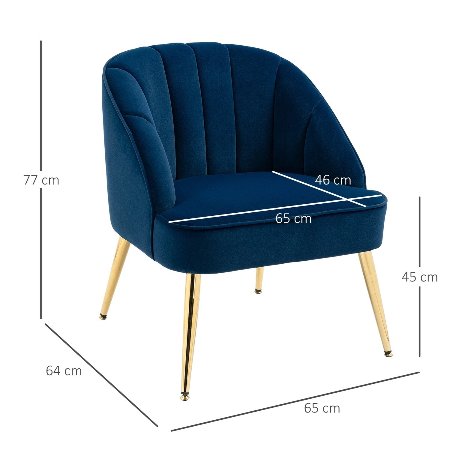 Wing Chair, Lenestol, Polstret Stol Med Velvet Look, Relax Stol, Lenestol med stålben, Dressing Stol, Mørkeblå, 65 X 64 X 77 Cm