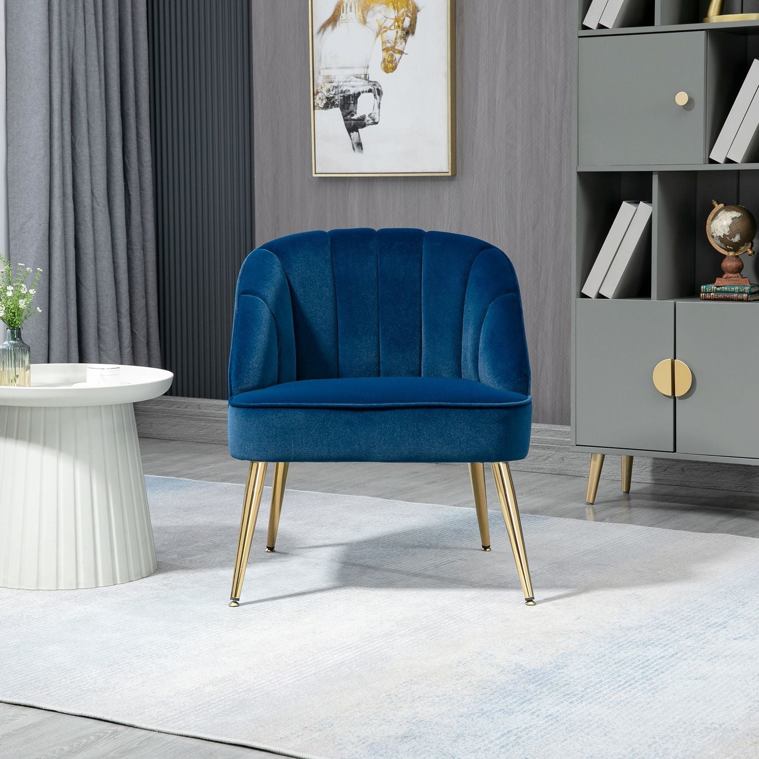 Wing Chair, Lenestol, Polstret Stol Med Velvet Look, Relax Stol, Lenestol med stålben, Dressing Stol, Mørkeblå, 65 X 64 X 77 Cm