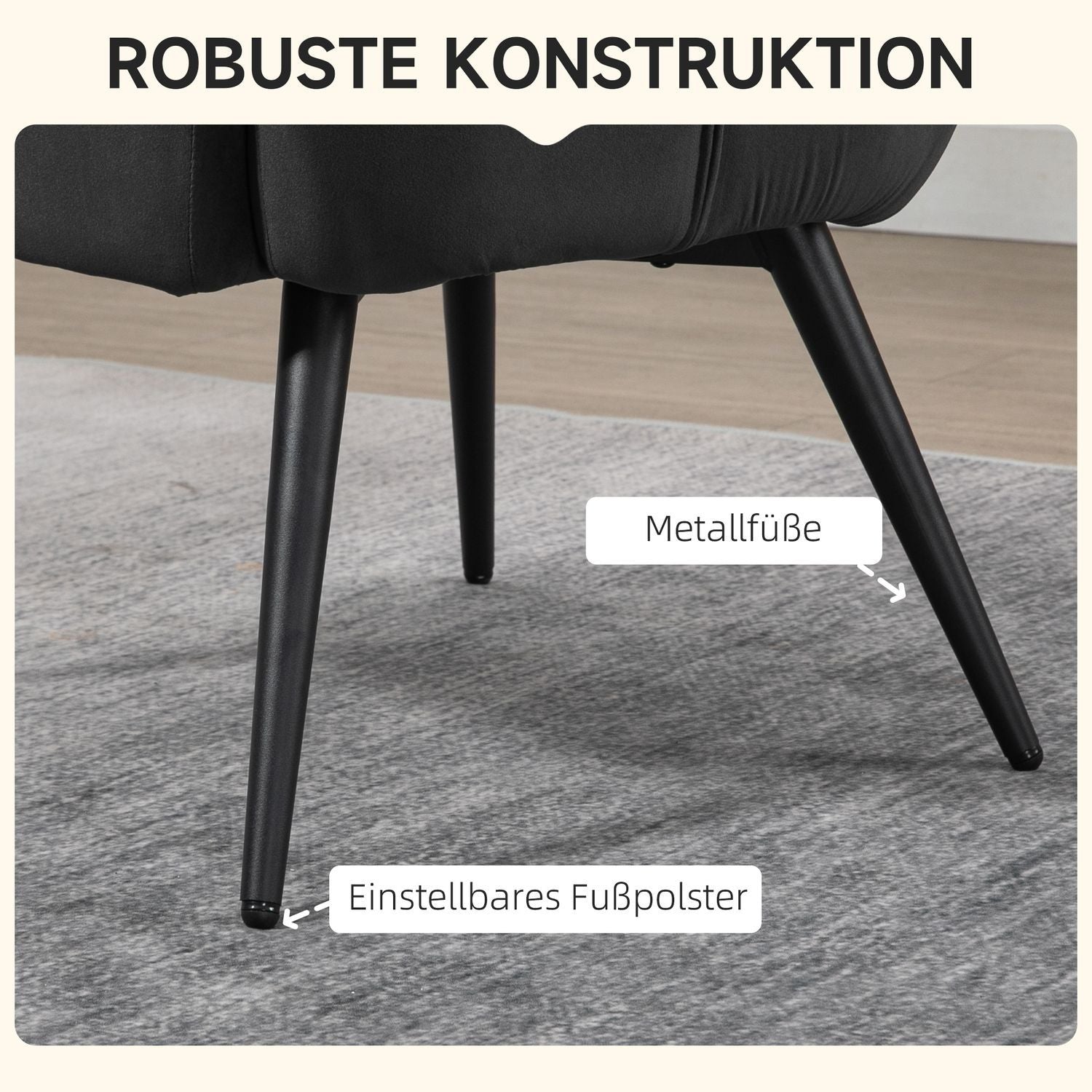 Vingestol med krakk, lenestol, slappe stol, polstret stol med fløyelslook opp til 120 kg, for stue, mørkegrå