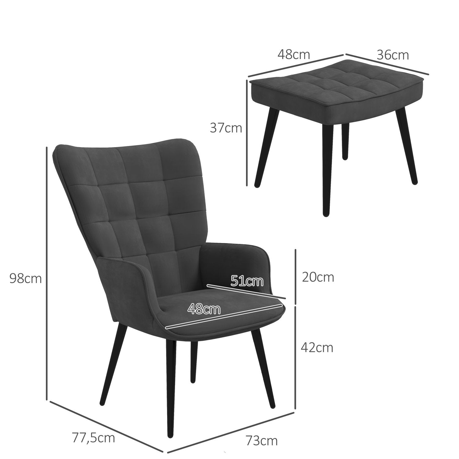 Vingestol med krakk, lenestol, slappe stol, polstret stol med fløyelslook opp til 120 kg, for stue, mørkegrå