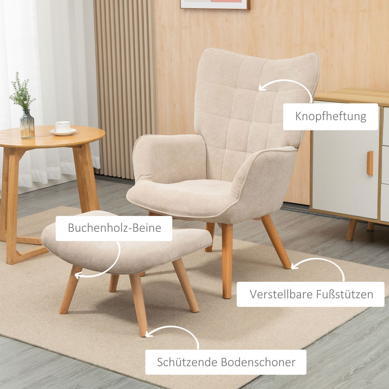 Vingestol med krakk, lenestol, polstret Manchester Look-stol, lenestol, lenestol med treben, TV-stol til stue, beige