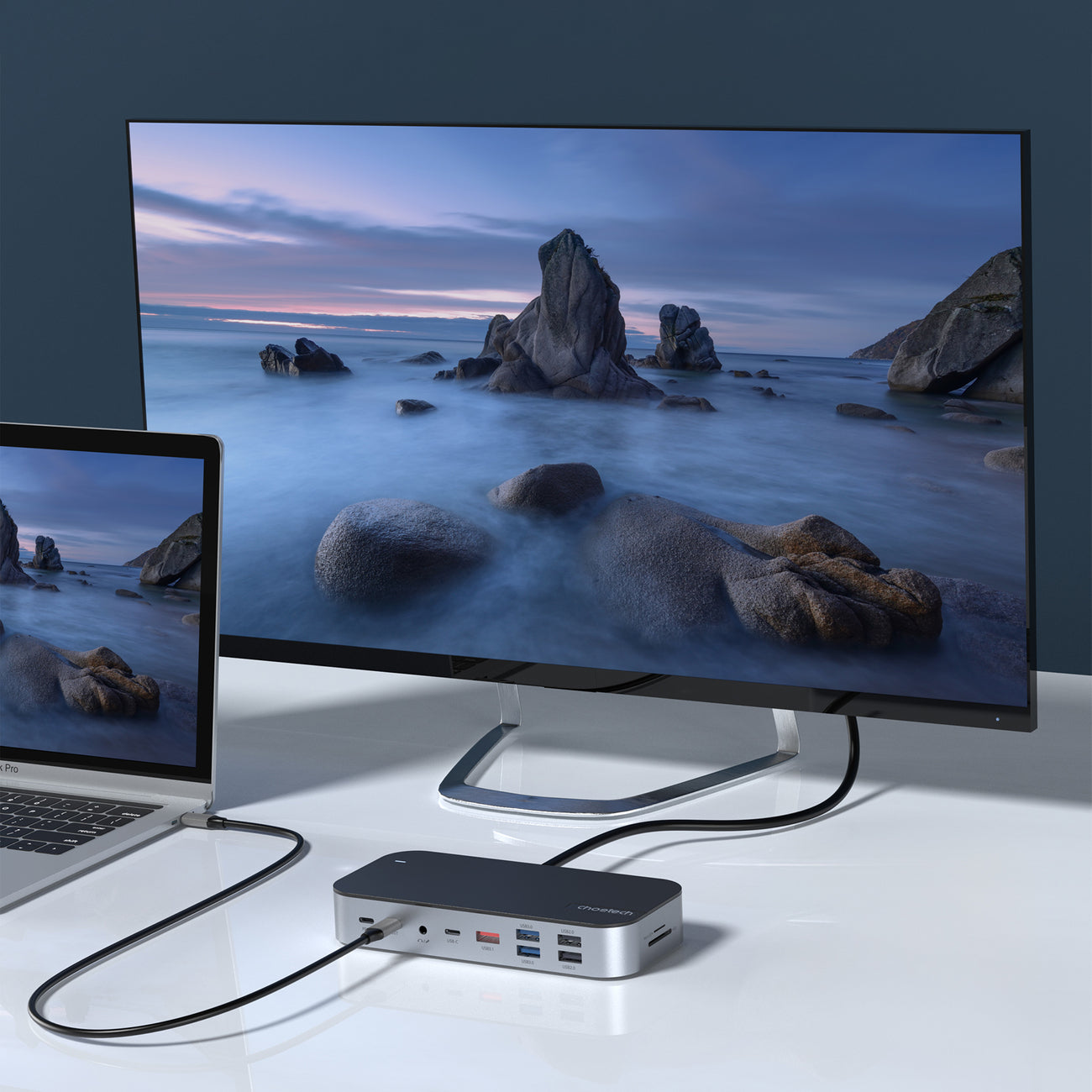 HUB Adapter M52 USB-C USB-A HDMI VGA DP SD TF RJ45 Aux PD Grå