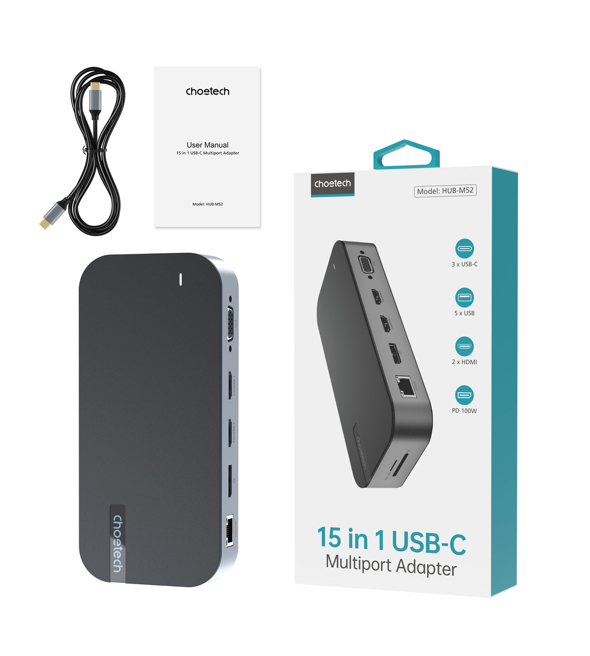 HUB Adapter M52 USB-C USB-A HDMI VGA DP SD TF RJ45 Aux PD Grå