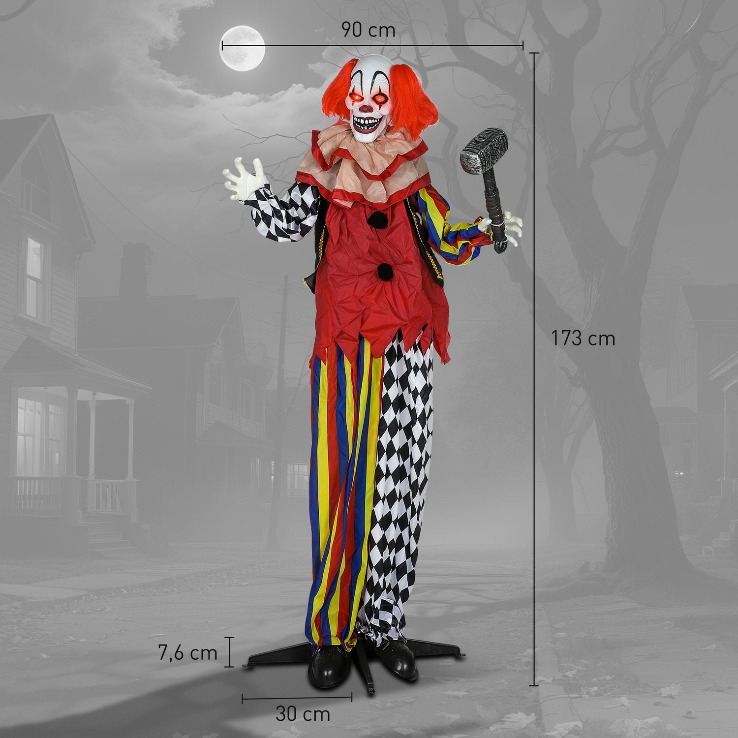 Halloween Animatronisk Clown, 173 cm, Lysande Ögon