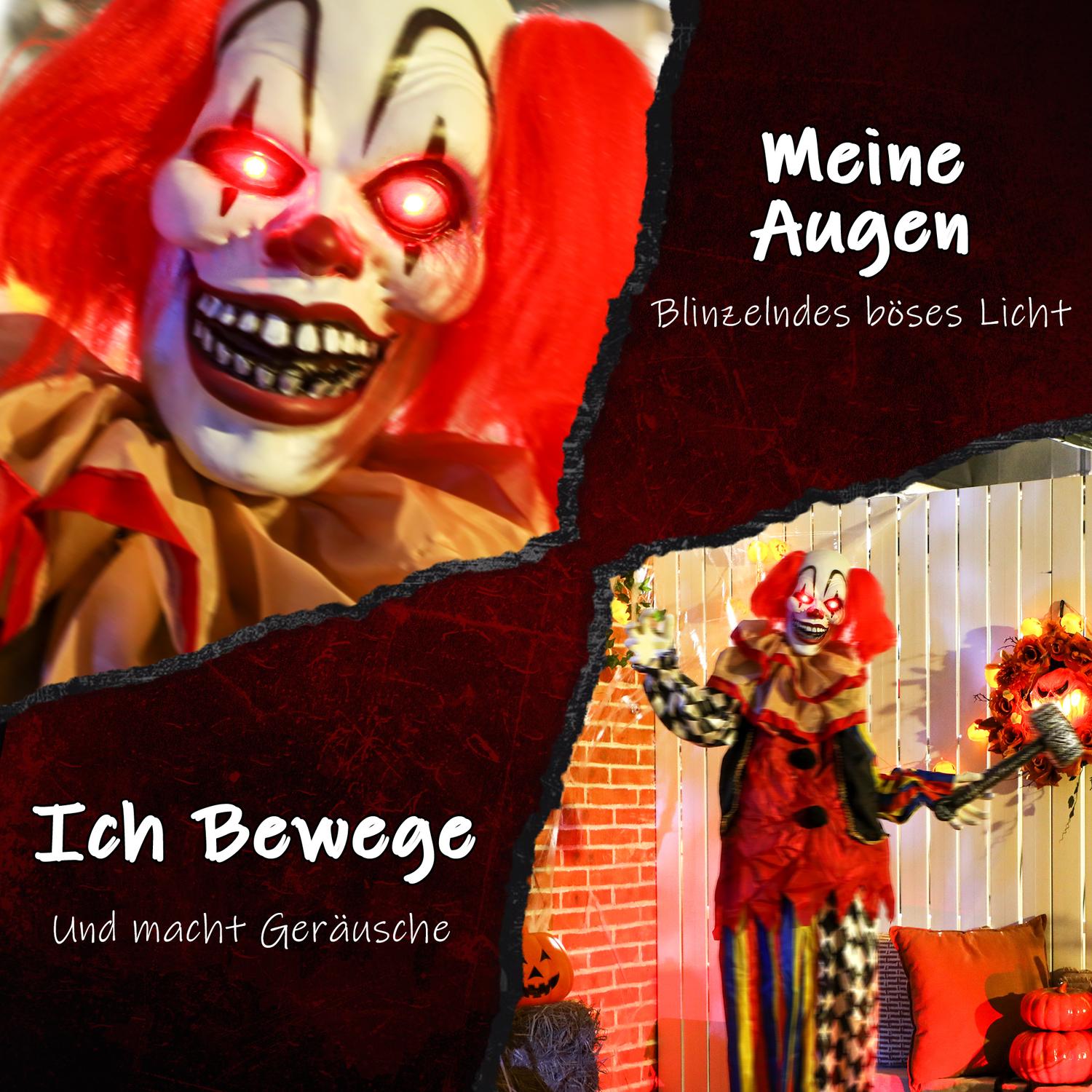 Halloween Animatronisk Clown, 173 cm, Lysande Ögon