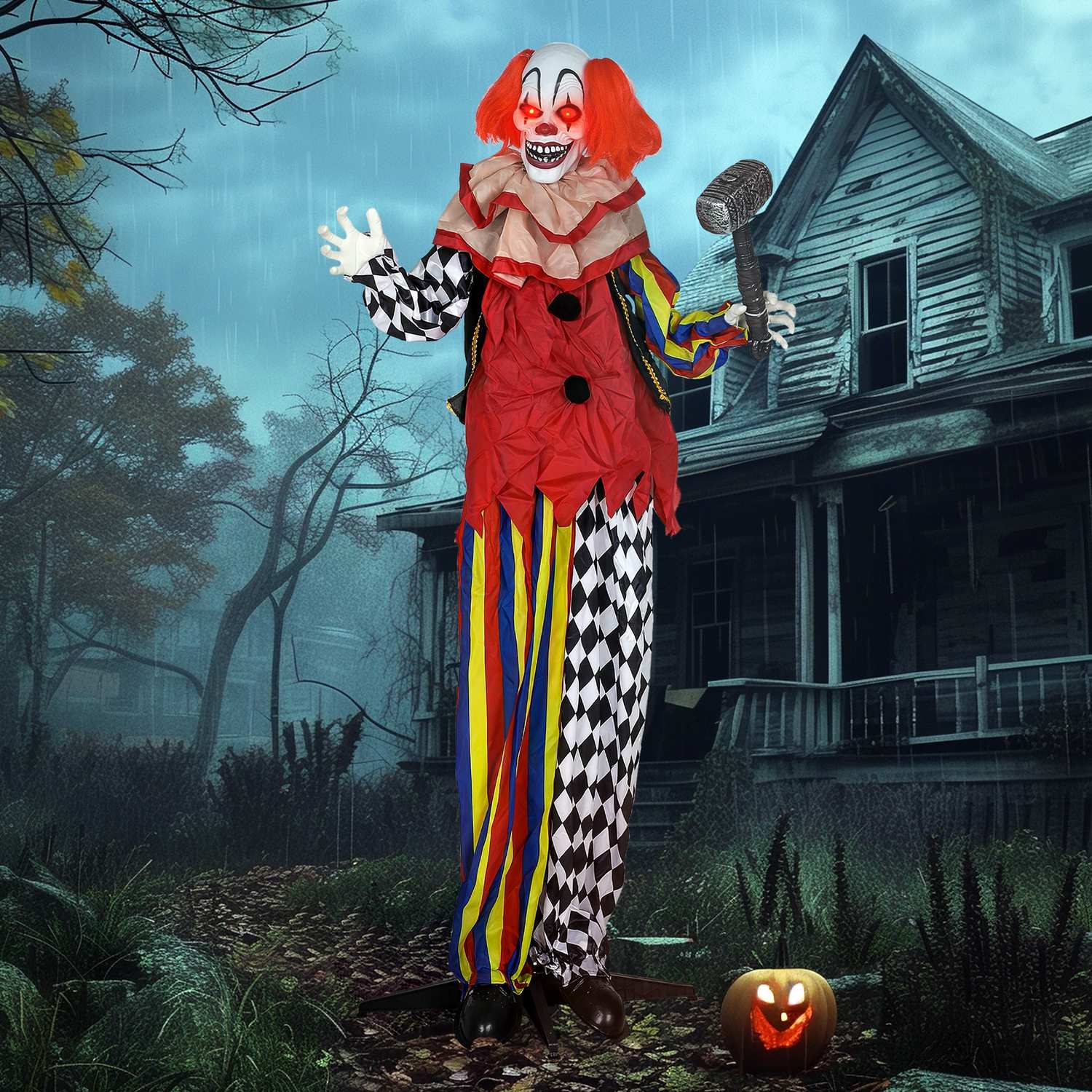 Halloween Animatronisk Clown, 173 cm, Lysande Ögon