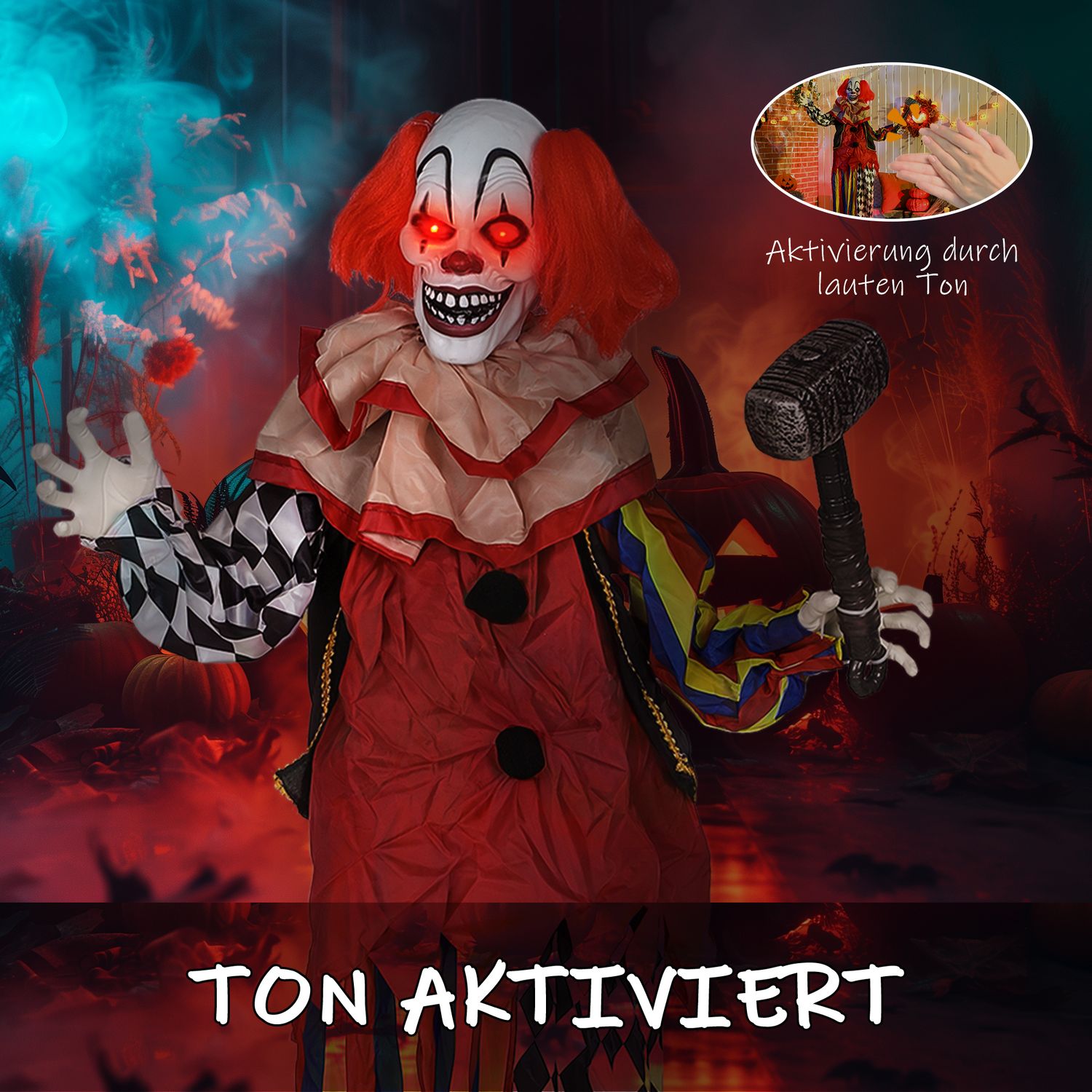Halloween Animatronisk Clown, 173 cm, Lysande Ögon