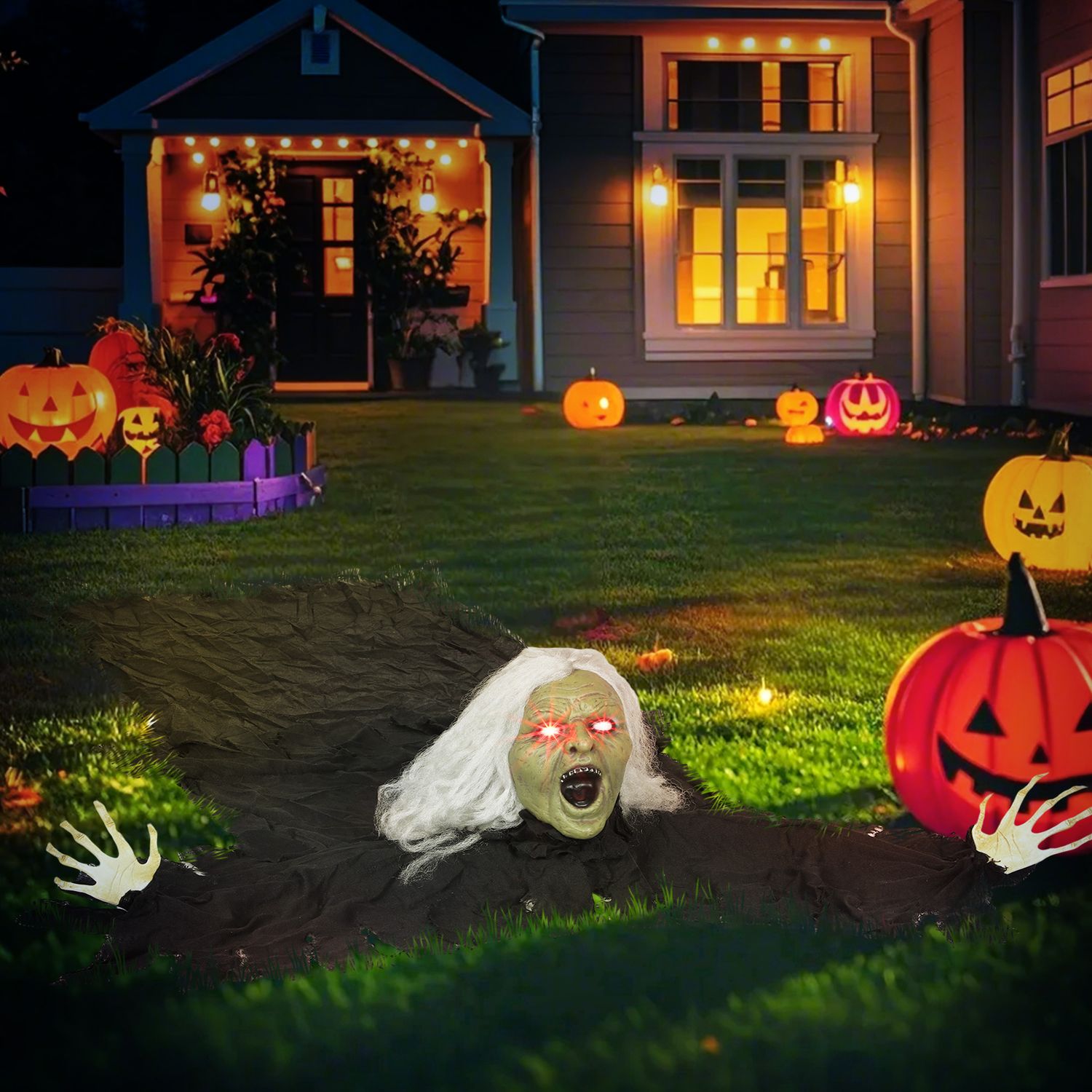 Halloween Zombiedekoration, 183 cm med LED-ljus och ljud
