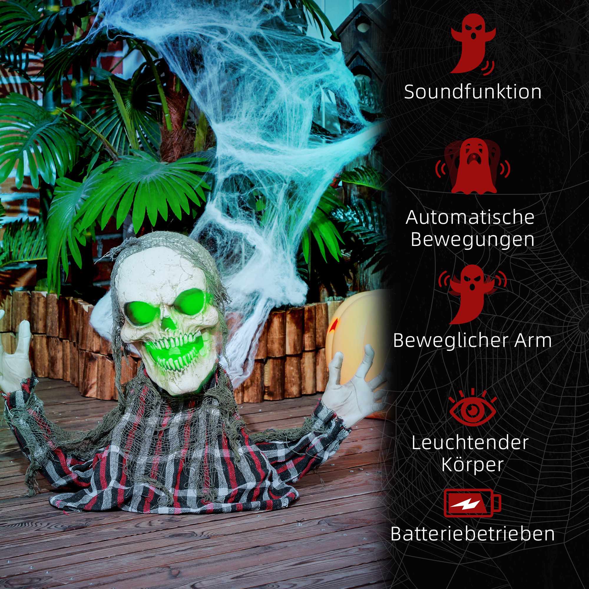 Halloween-banbrytarskelett, böjbara armar, glödande ögon