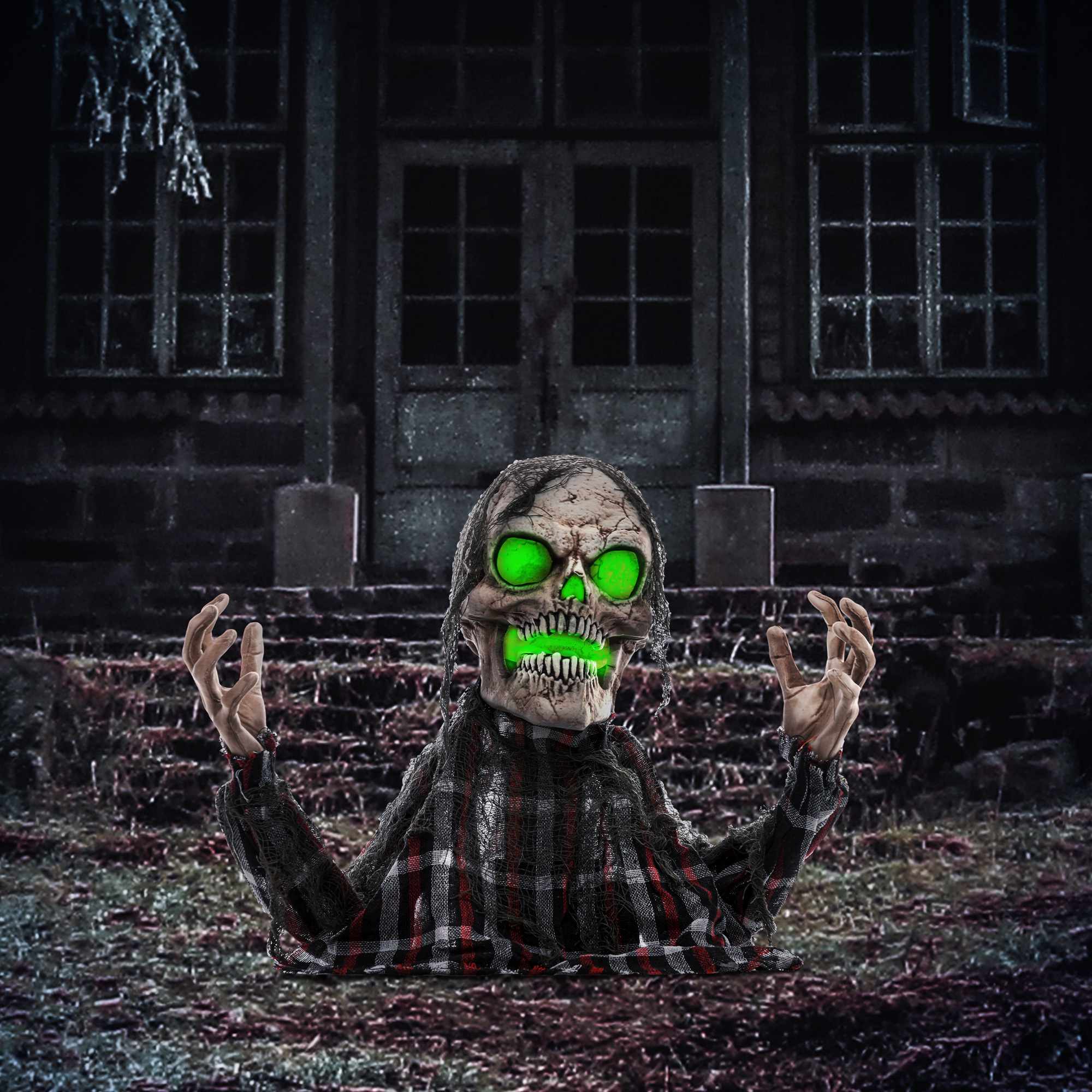 Halloween-banbrytarskelett, böjbara armar, glödande ögon