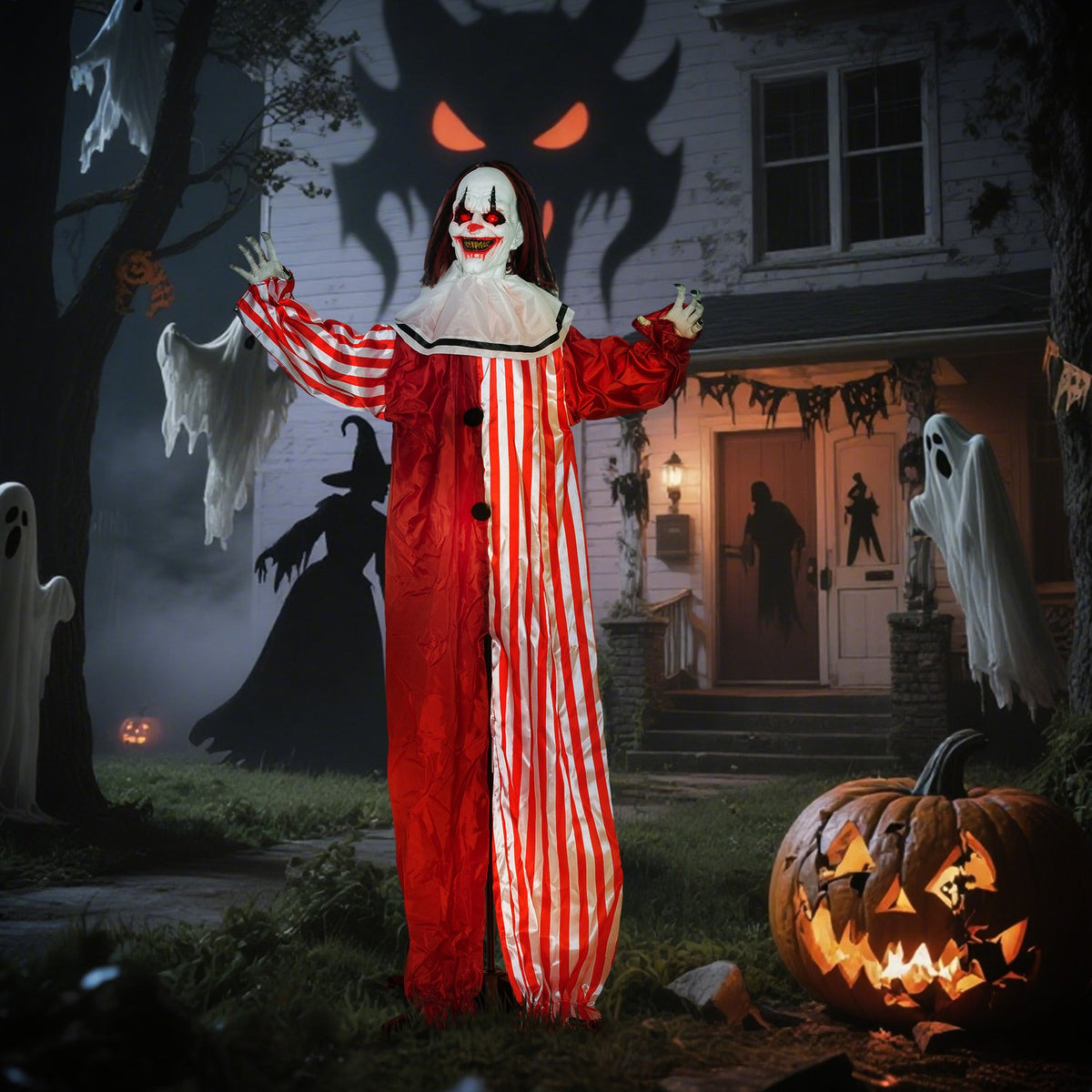 Halloweenclowndekoration, 165 cm, LED-lampor, ljudeffekter