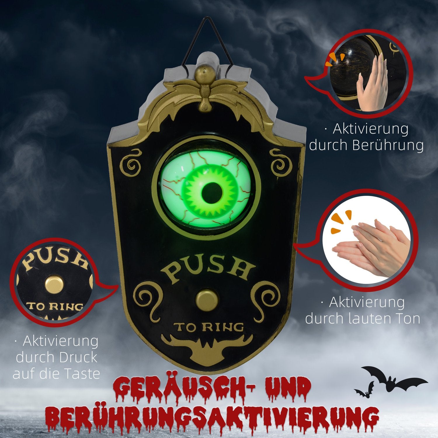 Halloween dörrklocka dekoration, 18cm LED & ljud ögonglob